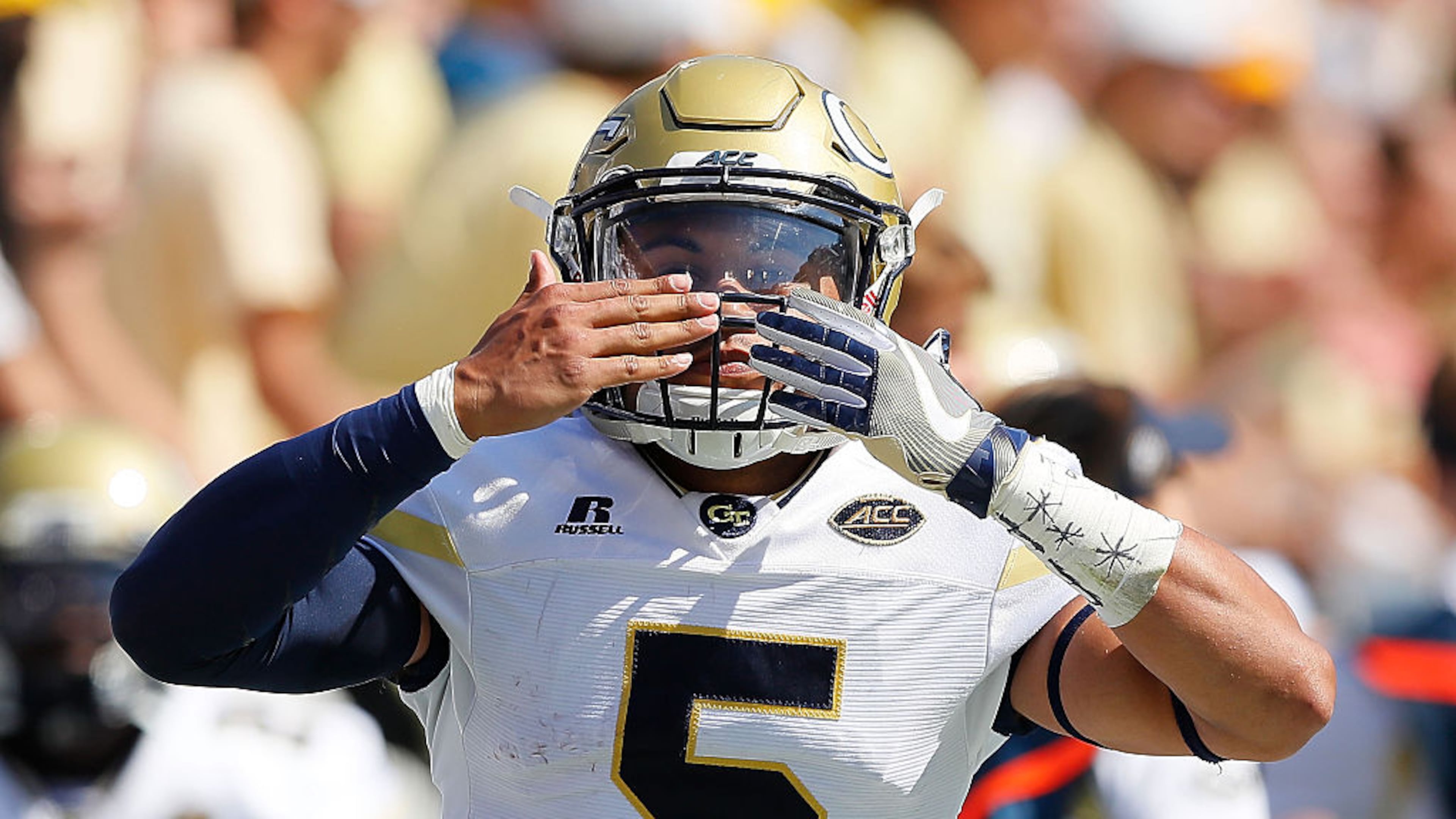 Justin Thomas #5 of Georgia Tech Yellow Jackets reacts after rushing for a touchdown against the Duke Blue Devils at Bobby Dodd Stadium on October 29, 2016 in Atlanta, Georgia. (Photo by Kevin C. Cox/Getty Images)