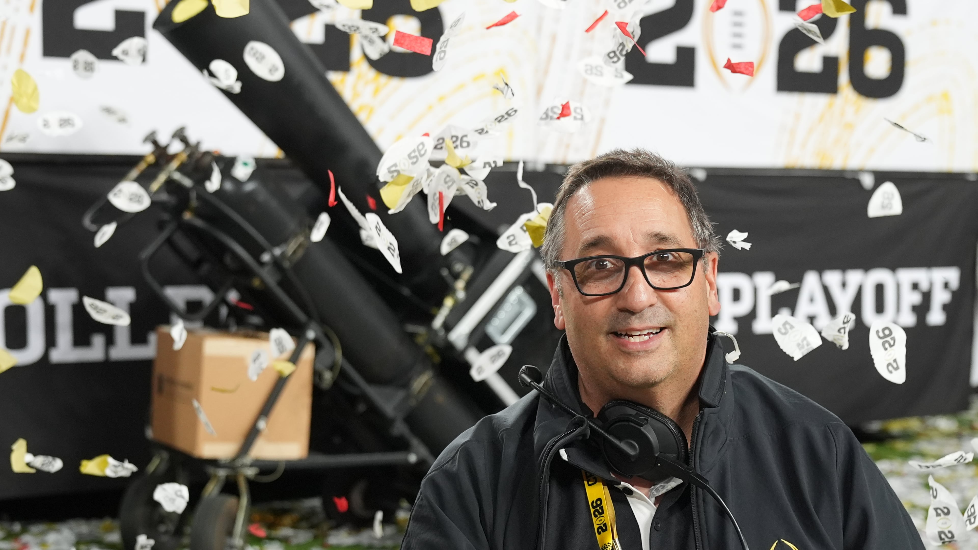 Noah Winter, responsible for the confetti displays, poses for a picture after the College Football Playoff national championship game, Monday, Jan. 19, 2026, in Miami Gardens, Fla. (AP Photo/Rebecca Blackwell)