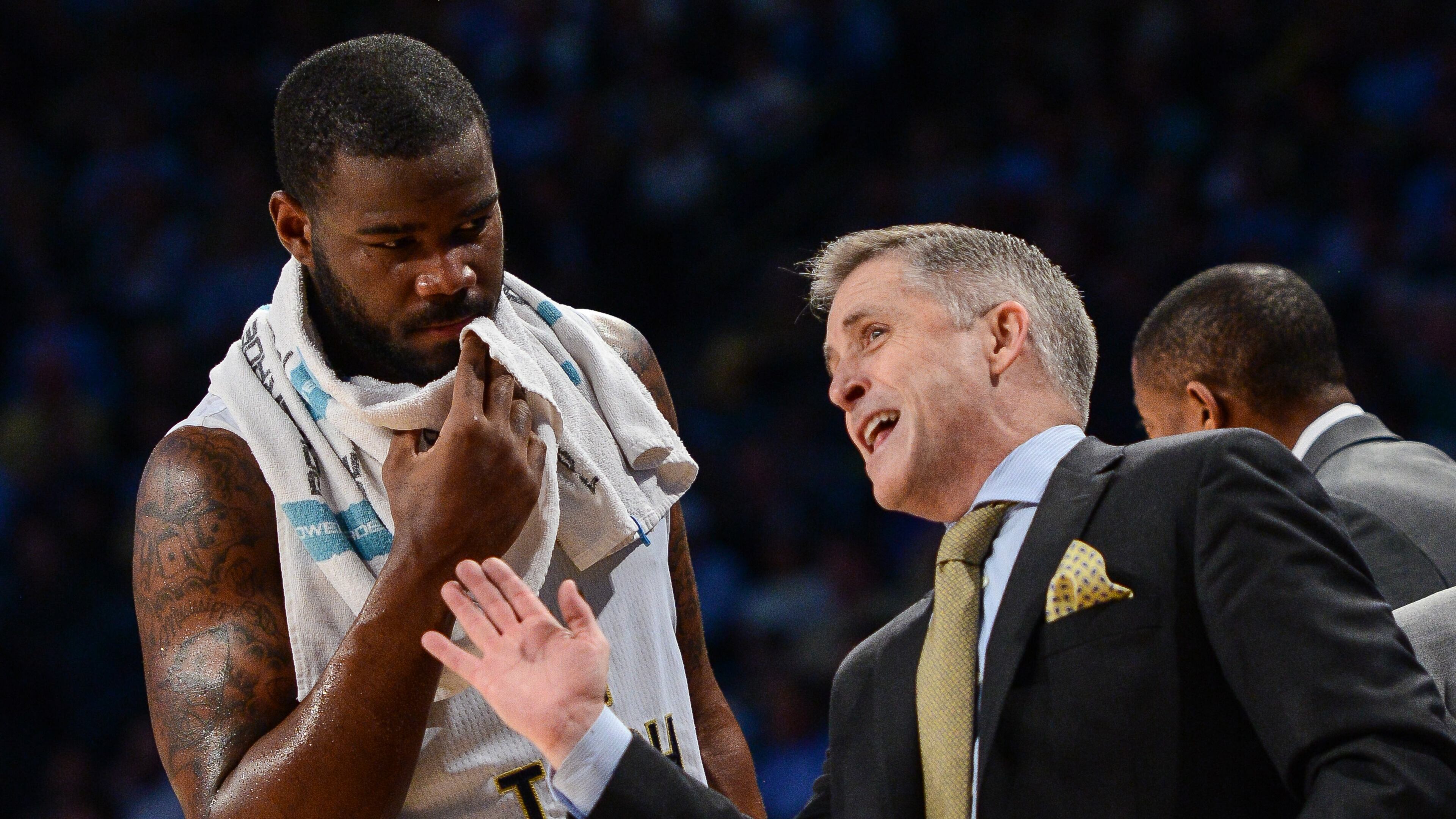 Georgia Tech head coach Brian Gregory directs Georgia Tech center Demarco Cox (4) during the second half of an NCAA college basketball game against North Carolina, Tuesday, March 3, 2015, in Atlanta. North Carolina won 81-49. (AP Photo/Jon Barash) Georgia Tech coach Brian Gregory, with center Demarco Cox, obviously will keep his job but needs to improve on this season's 3-15 ACC record. (AP photo)