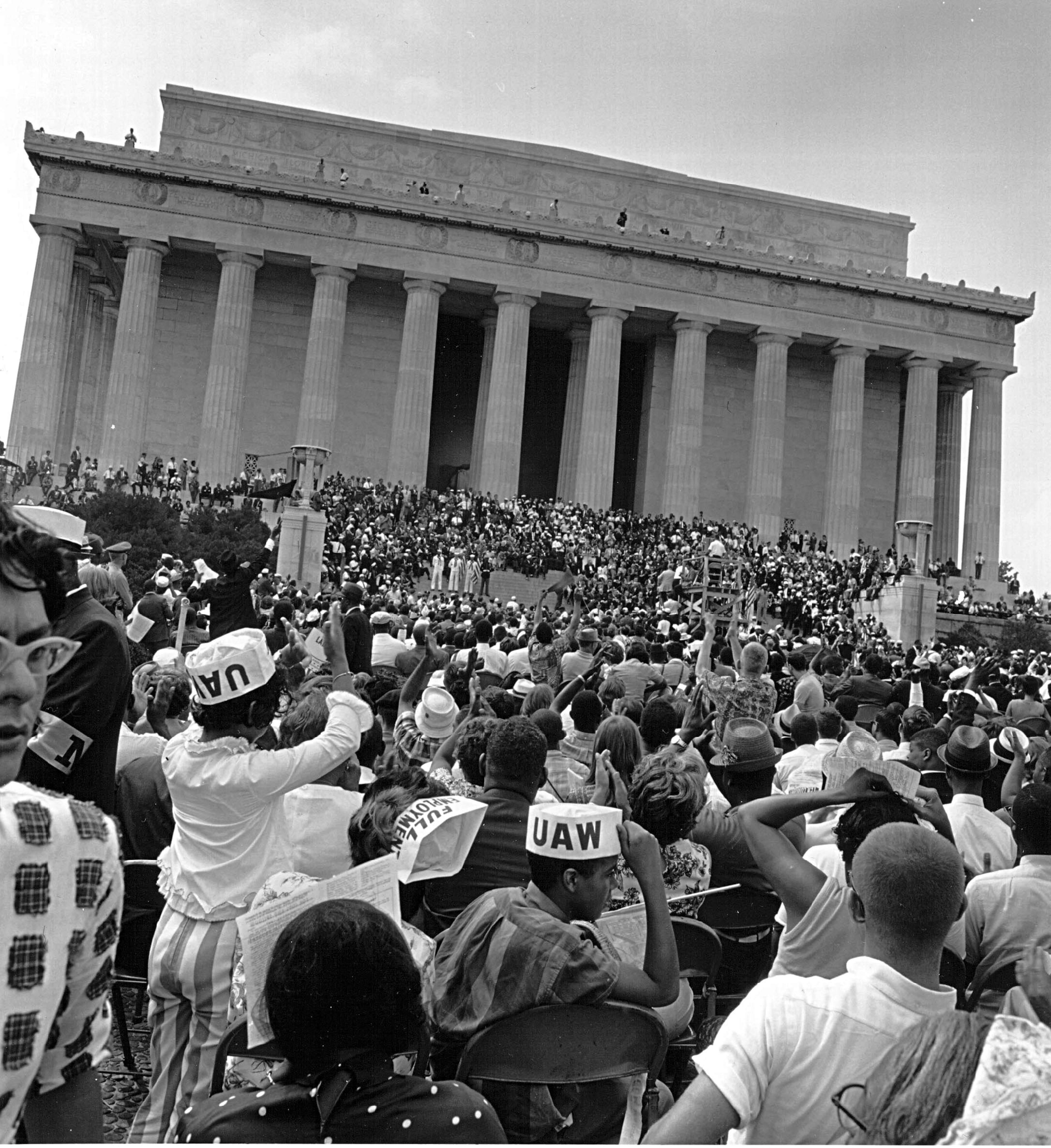 Thousands of Americans gather near the Lincoln Memorial August 28, 1963 at a civil rights rally. (Photo by National Archive/Newsmakers)