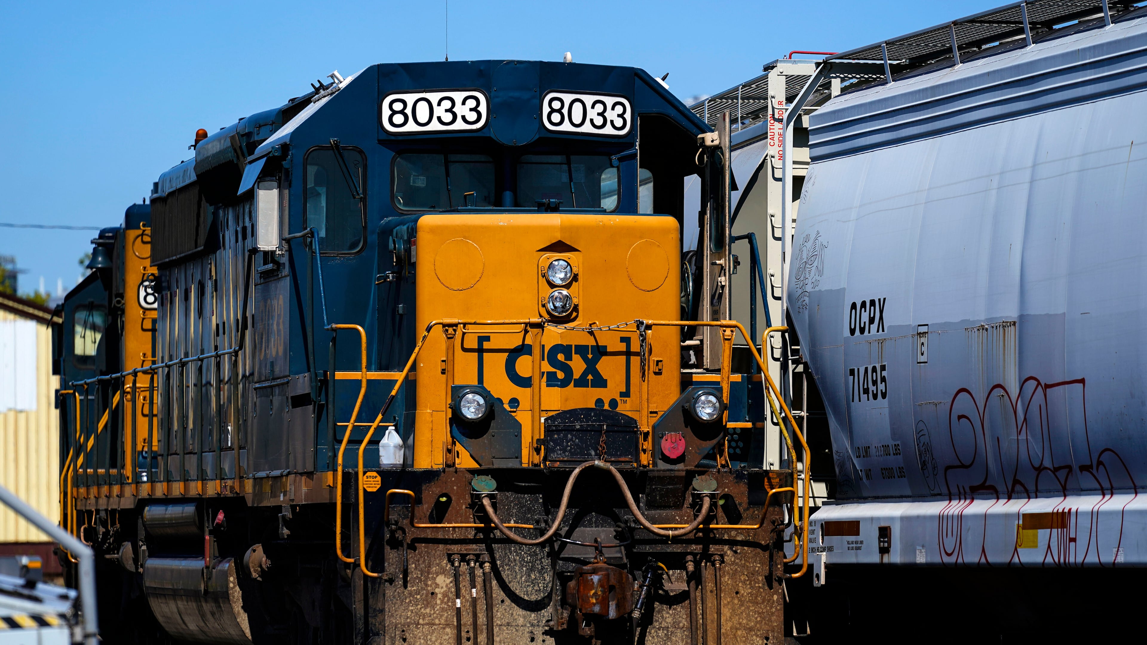 FILE - A CSX train engine sits idle on tracks in Philadelphia, Sept. 14, 2022. (AP Photo/Matt Rourke, File)