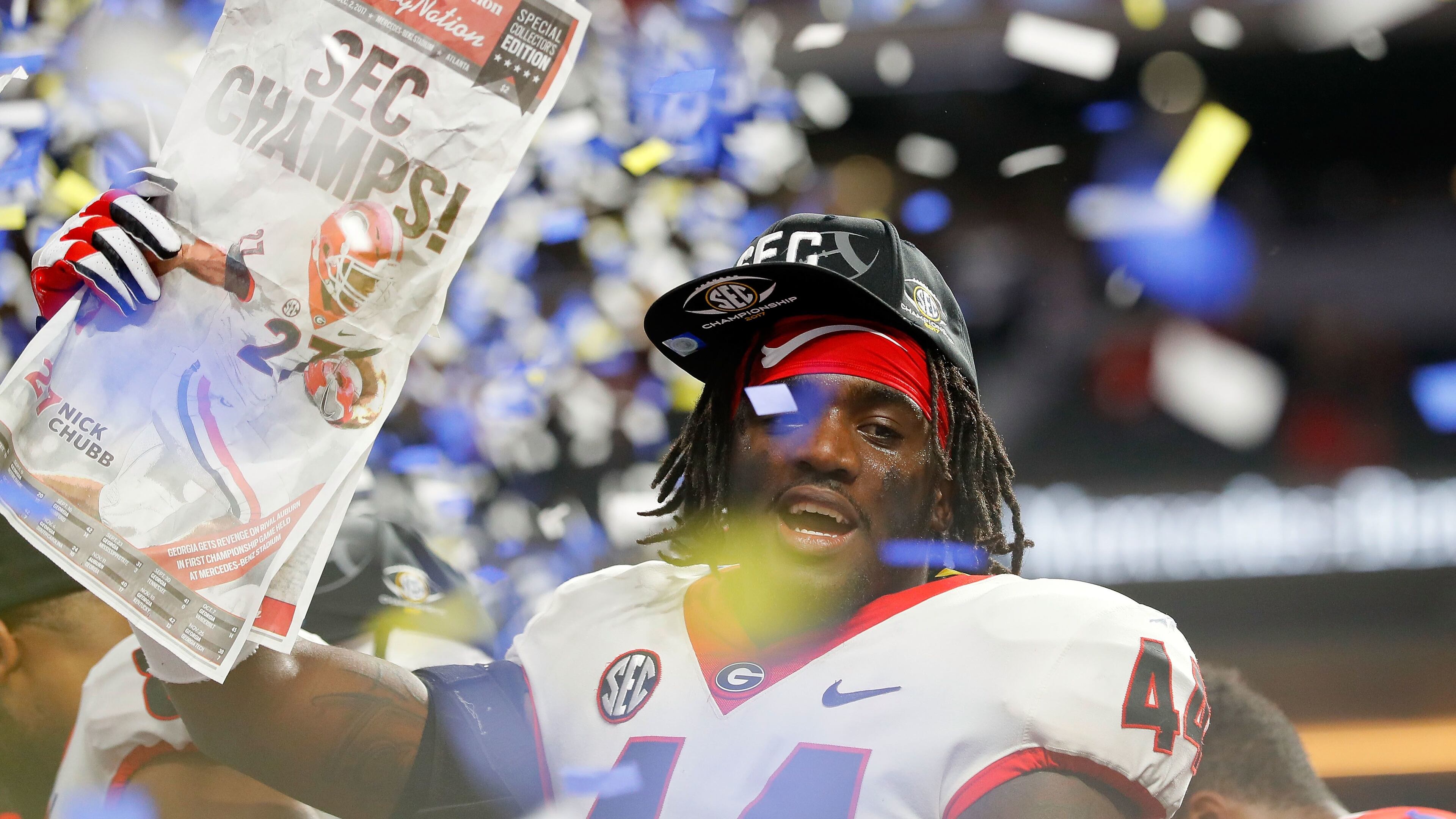 Georgia's Juwan Taylor celebrates beating the Auburn Tigers in the SEC Championship. Getty file.