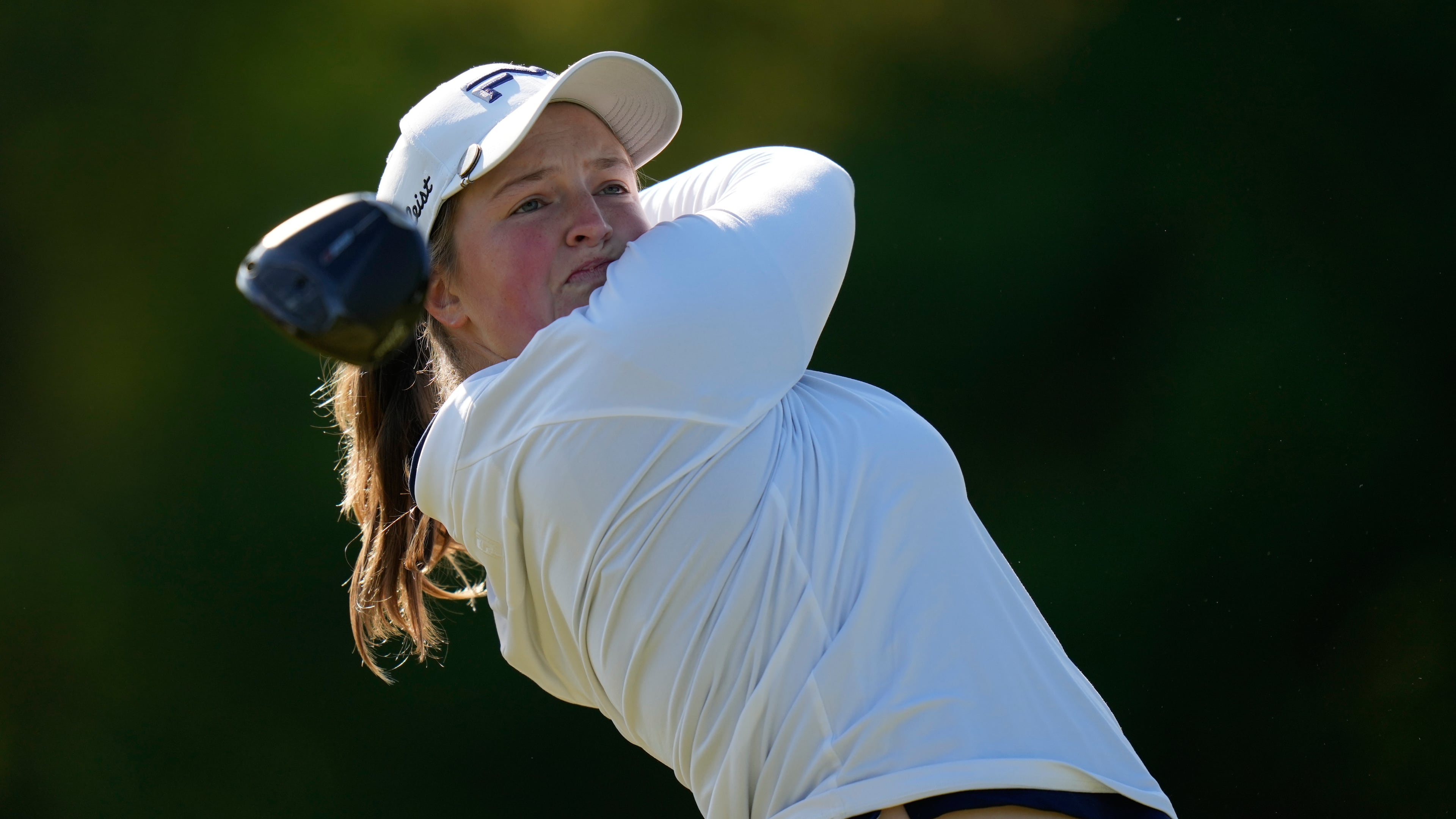 Lottie Woad, of England, hits off the third tee during the first round of the Mizuho Americas Open LPGA golf tournament, Thursday, May 7, 2026, in West Caldwell, N.J. (AP Photo/Seth Wenig)