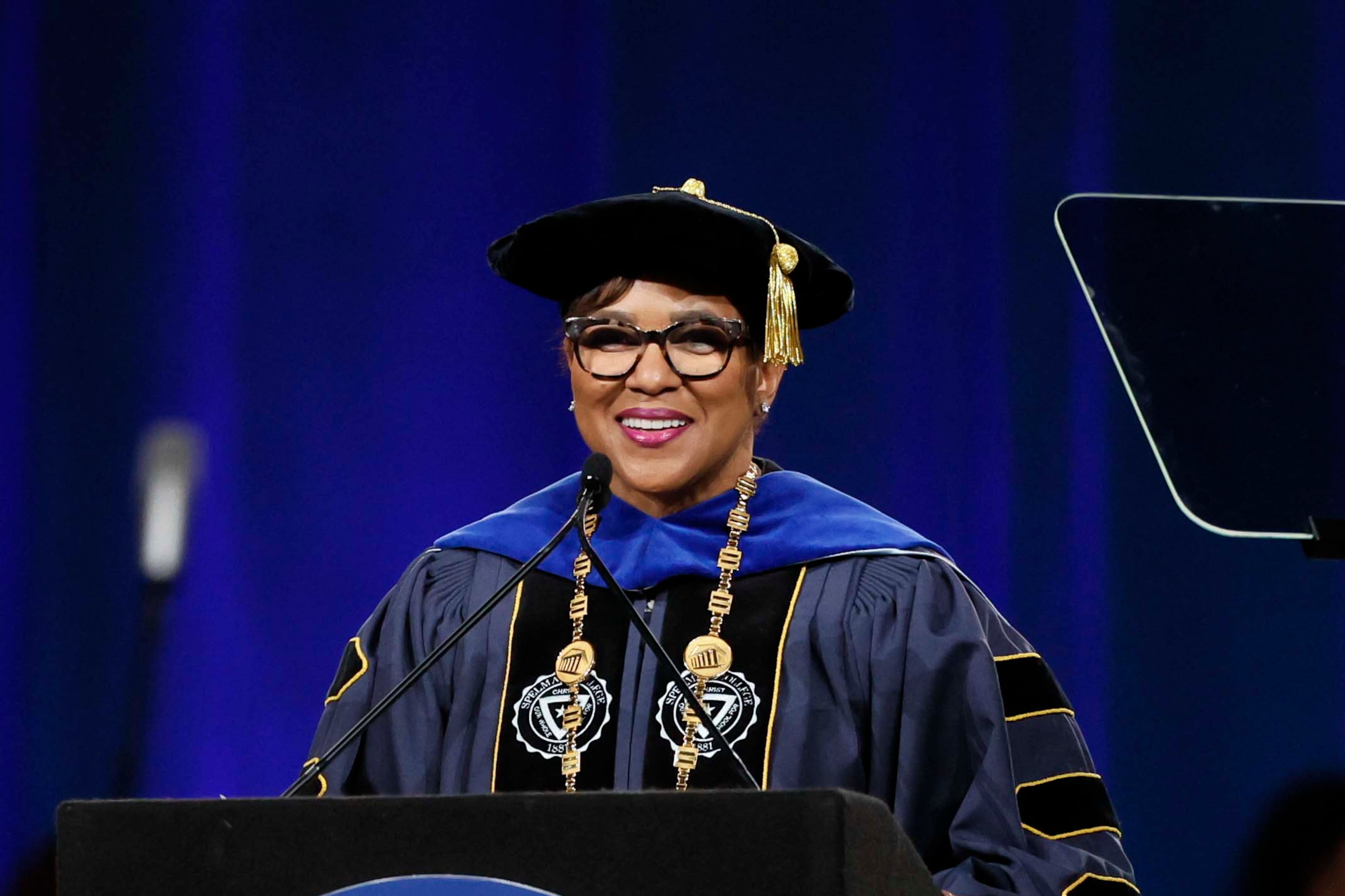 Spelman College President Rosalind “Roz” Brewer speaks during the college’s graduation ceremony at the Georgia International Convention Center in College Park on Sunday, May 17, 2026. (Miguel Martinez/AJC)