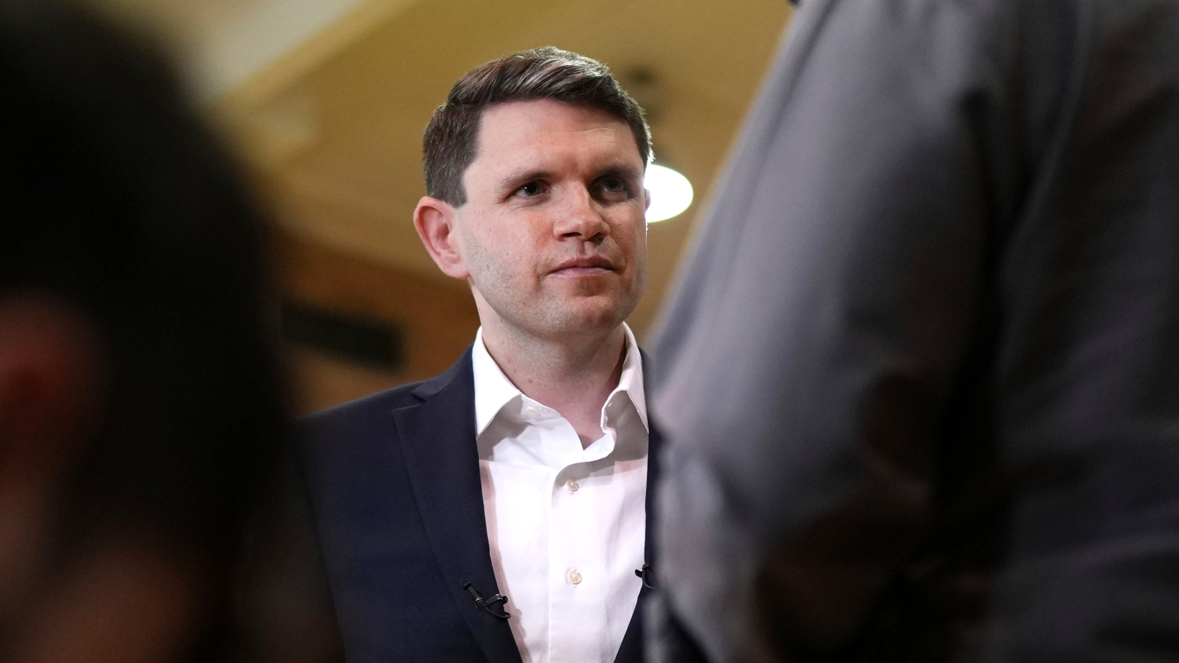 FILE - Democratic U.S. Senate candidate Texas state Rep. James Talarico speaks during a television interview at a food drive at the Frederick Douglass Human Services and Justice Center, Sept. 9, 2026, in Dallas. (AP Photo/Julia Demaree Nikhinson, File)