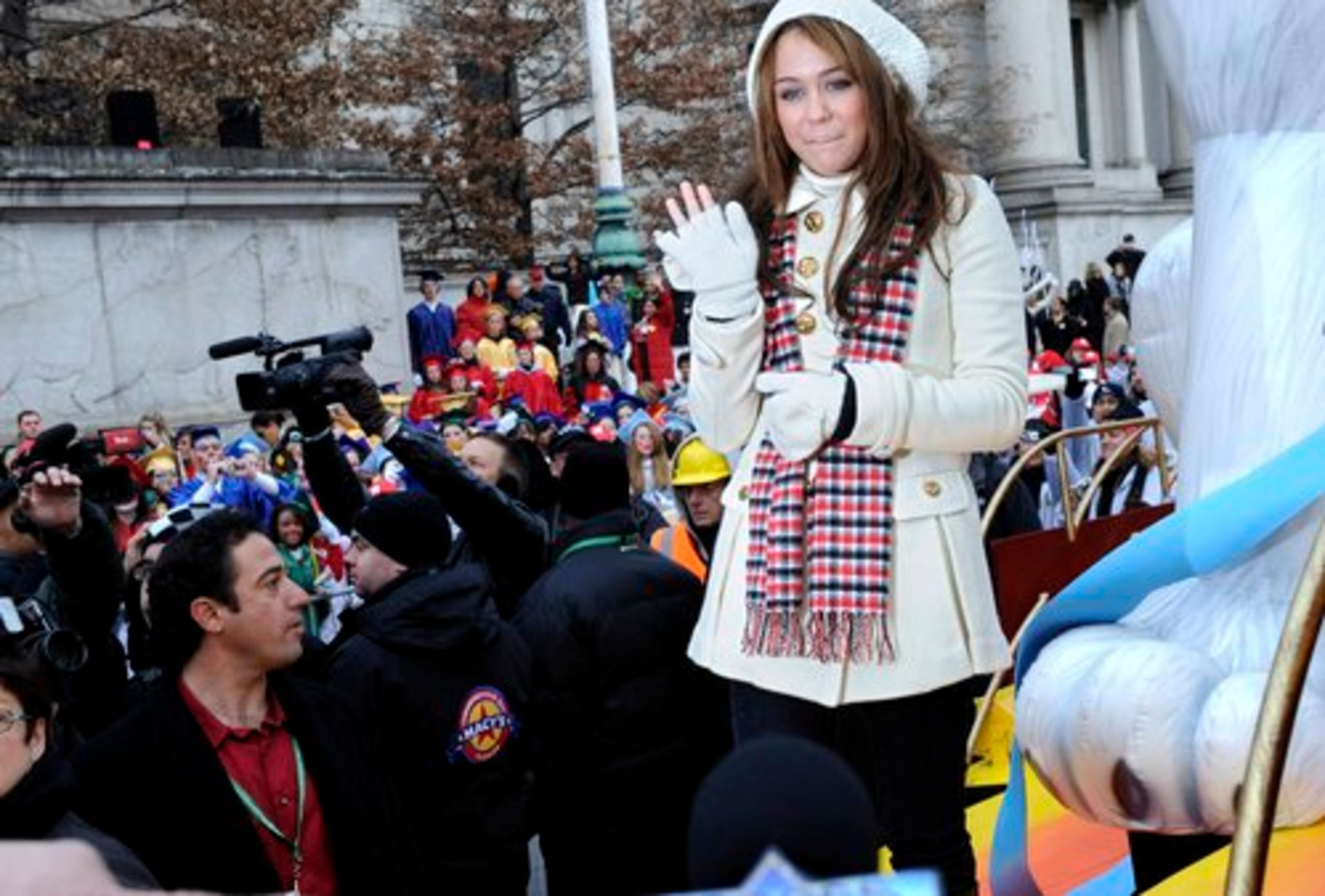 Miley Cyrus aboard the "Bolt" float before the start of the parade in New York on Thursday.