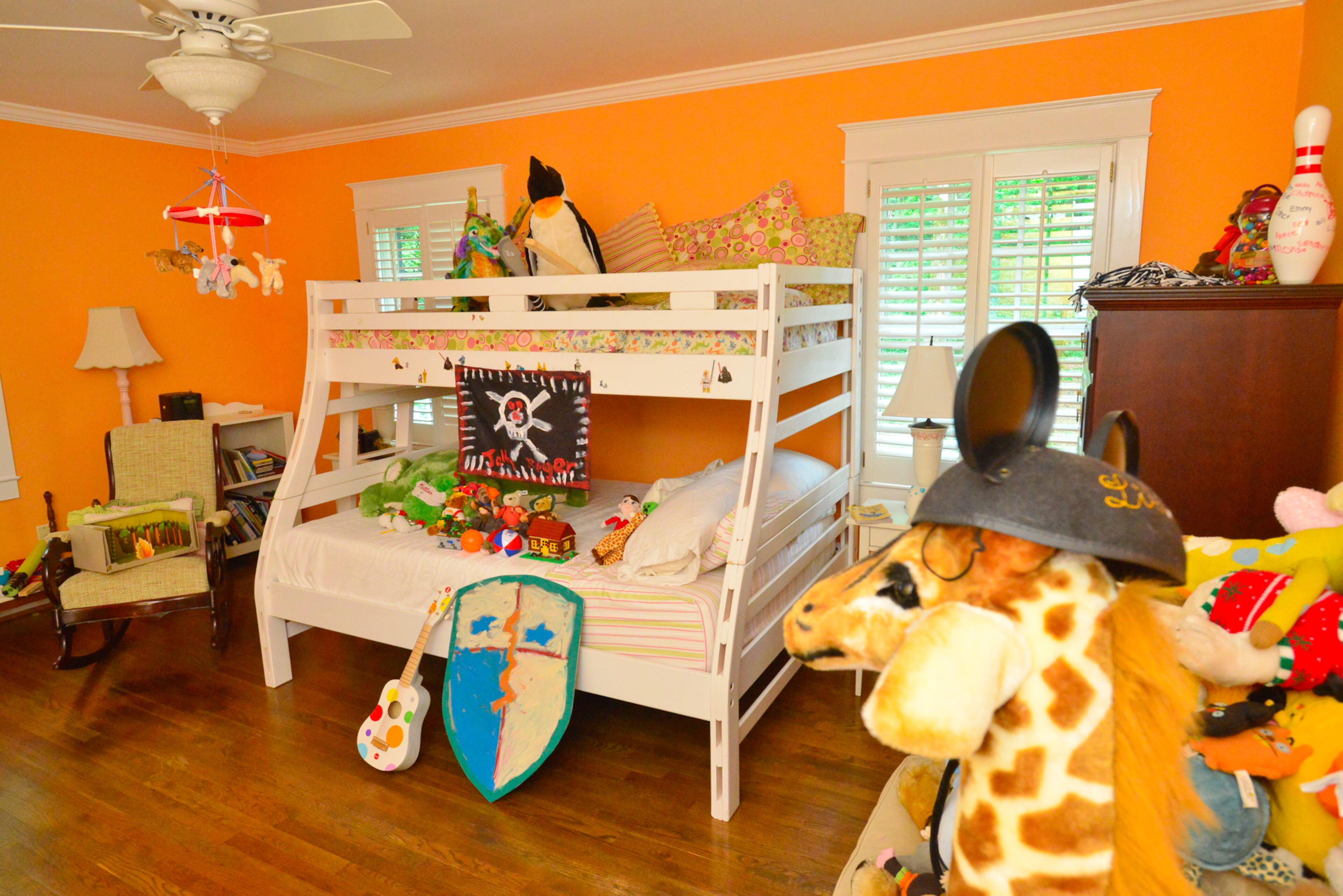 Daughter Libby Jonas, 8, is so proud of her room that she lined up her favorite stuffed animals on the bunk beds. She picked a bright orange for her bedroom, which was recently repainted.