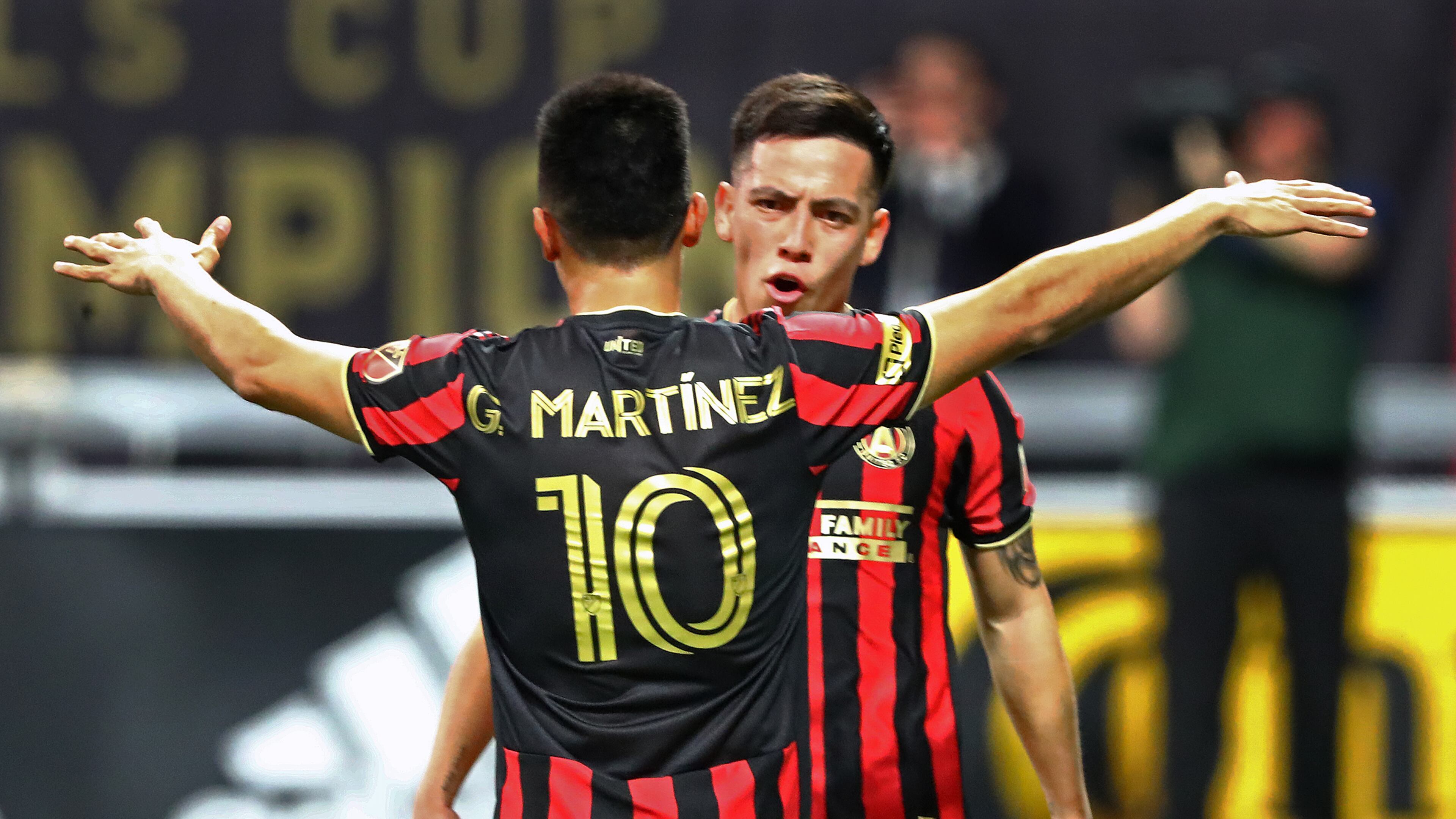 Atlanta United midfielder Ezequiel Barco (right) celebrates his goal with Pity Martinez, who had the assist, for a 1-0 lead over FC Cincinnati in a MLS soccer match on Saturday, March 8, 2020, in Atlanta. Curtis Compton ccompton@ajc.com