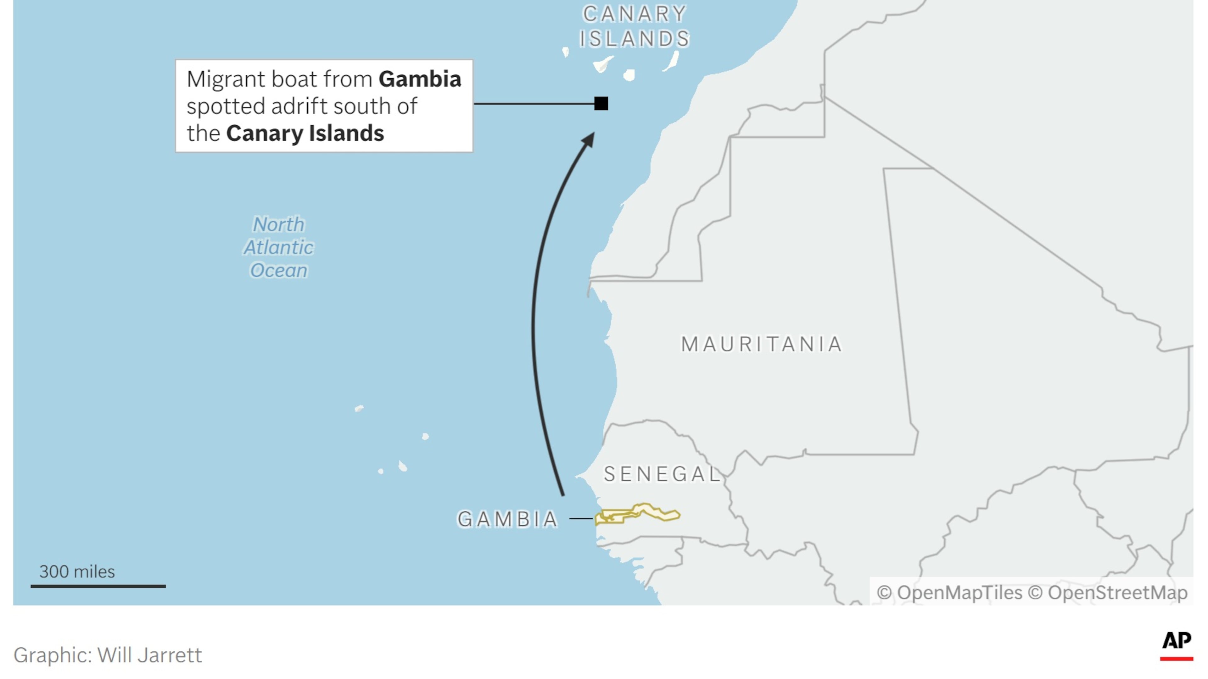 A map showing where a migrant boat from Gambia was spotted adrift. (AP Digital Embed)