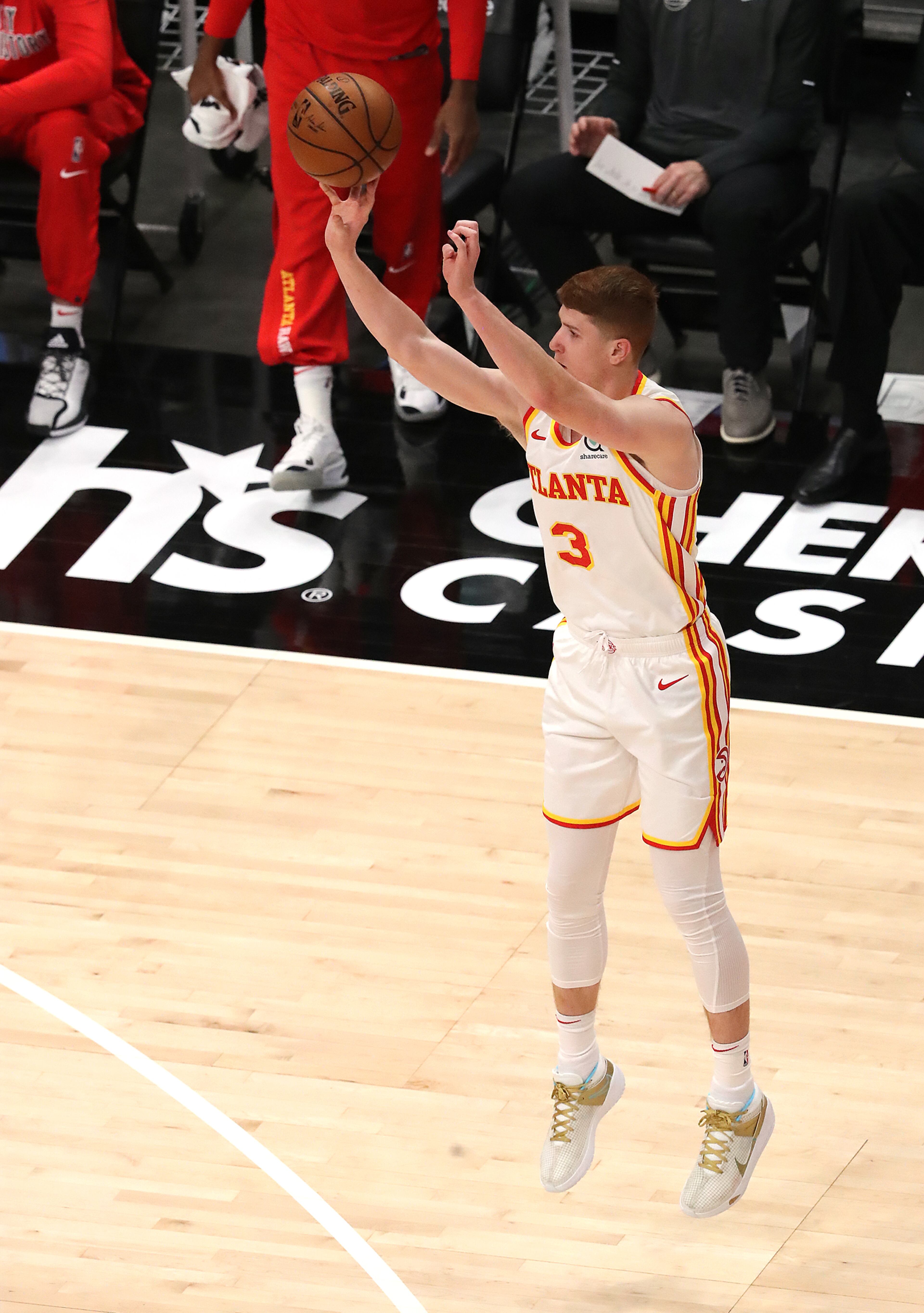 Atlanta Hawks guard Kevin Huerter hits a three pointer against the Dallas Mavericks in an NBA basketball game on Wednesday, Feb 3, 2021, in Atlanta. Curtis Compton / Curtis.Compton@ajc.com”