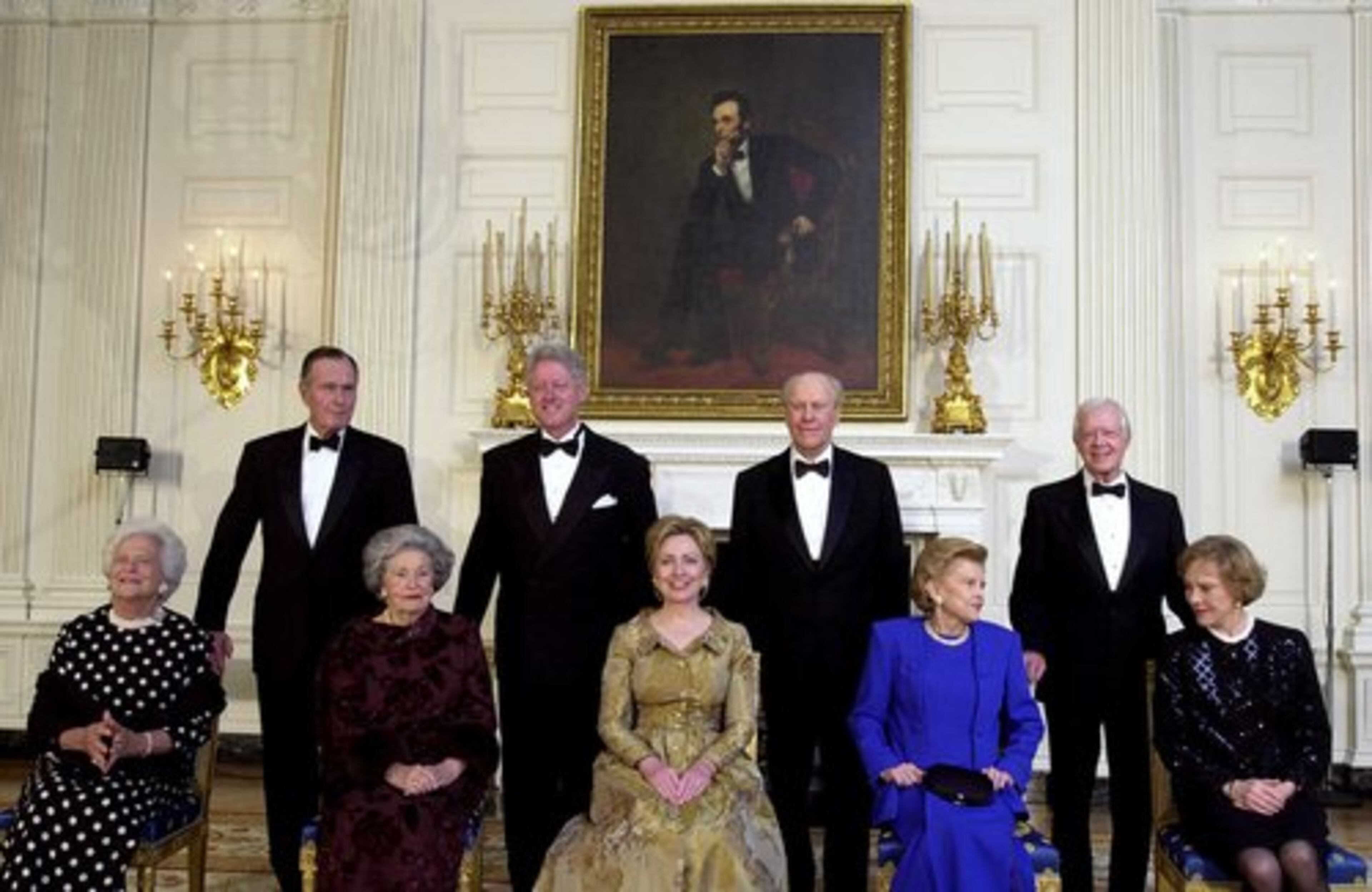 Former President Bill Clinton and former first lady Hillary Rodham Clinton hosted past presidents and first ladies at the White House in 2000 as the executive home celebrated its 200th birthday. President Ford and wife Betty are second from the right.