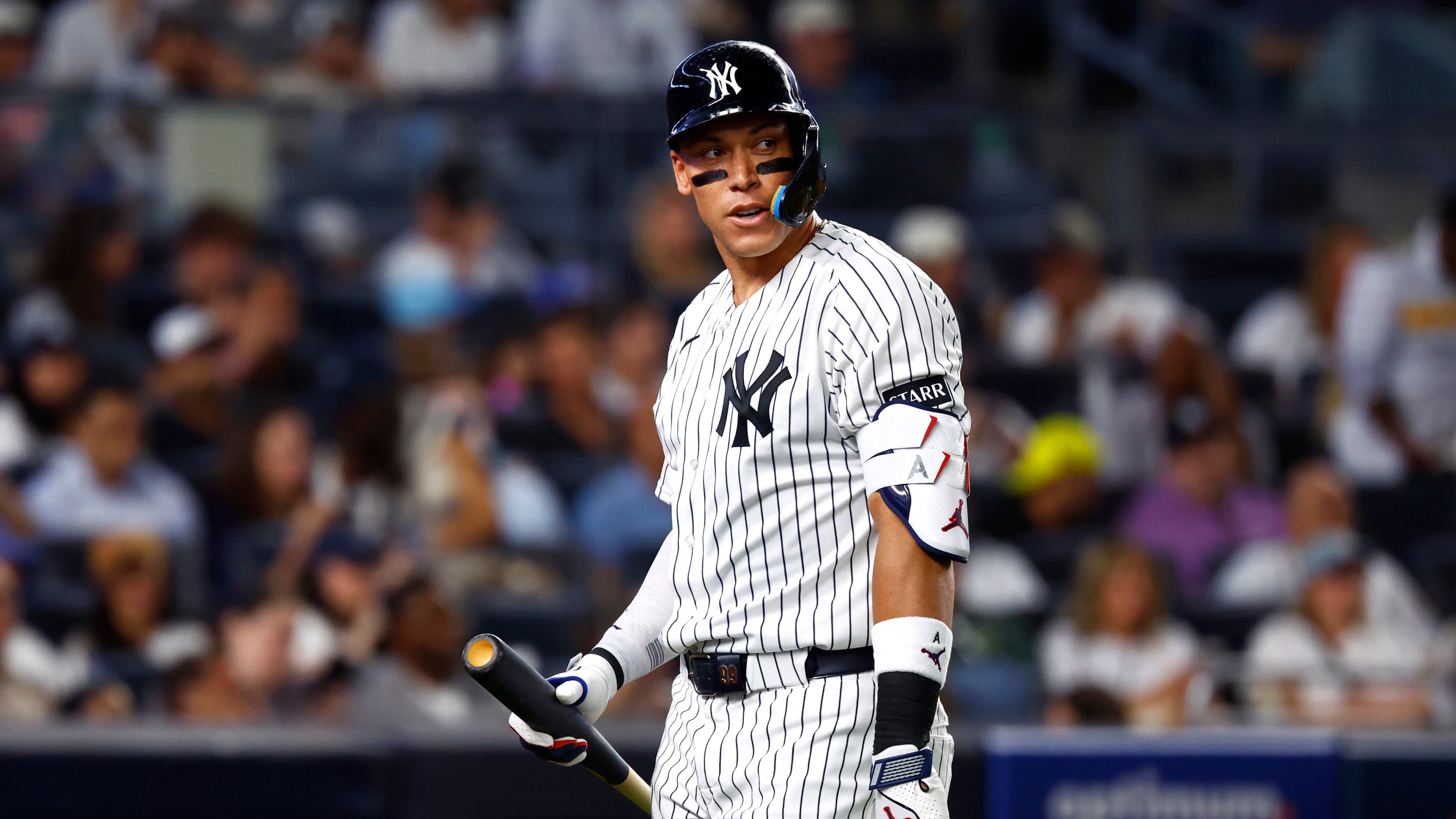 New York Yankees' Aaron Judge walks to the dugout after striking out during the sixth inning of a baseball game against the Colorado Rockies, Tuesday, Sept. 8, 2026, in New York. (AP Photo/Noah K. Murray)