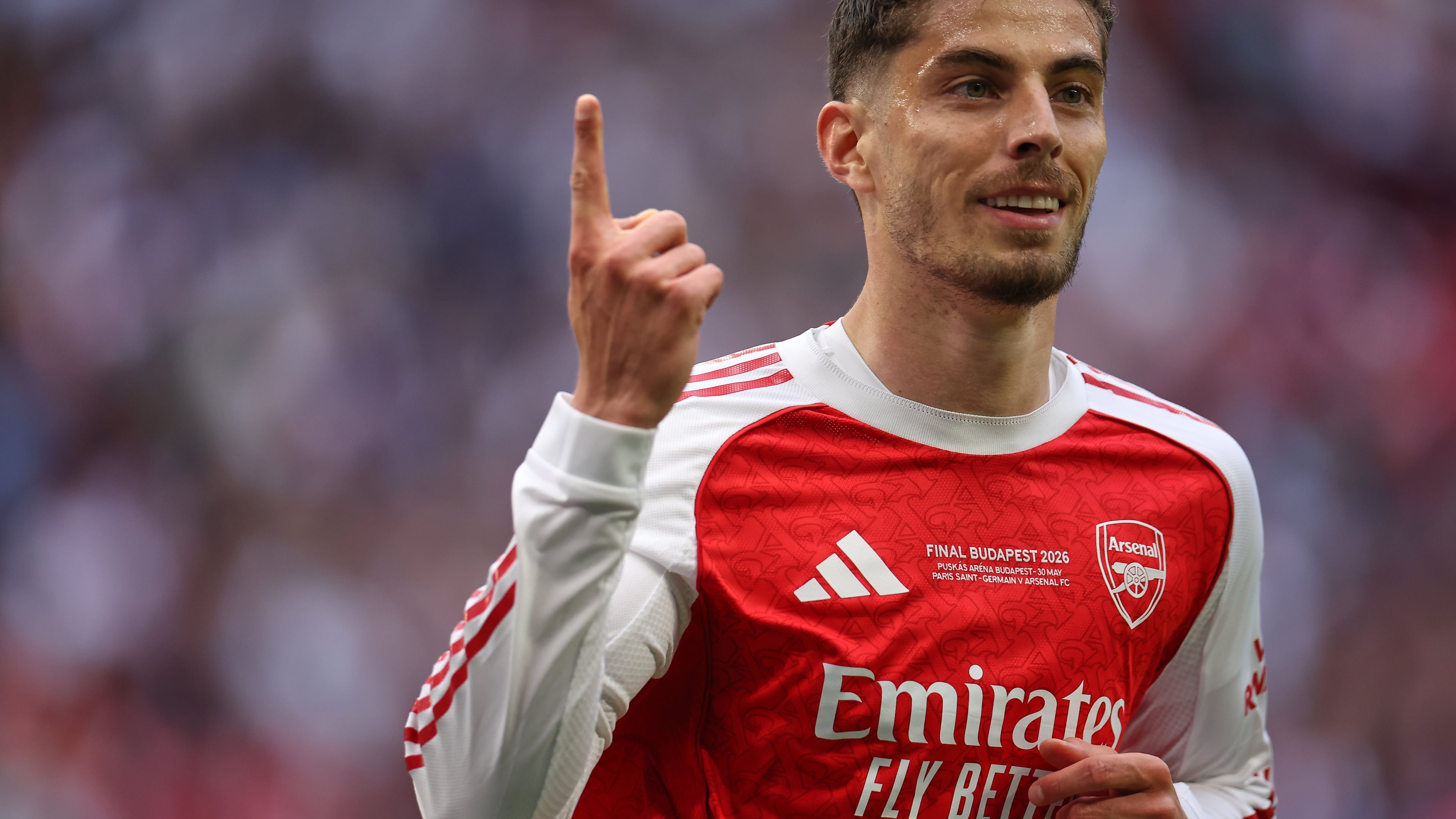 Arsenal's Kai Havertz celebrates after scoring during the Champions League final soccer match between Paris Saint-Germain and Arsenal in Budapest, Hungary, Saturday, May 30, 2026. AP Photo/Armin Durgut)