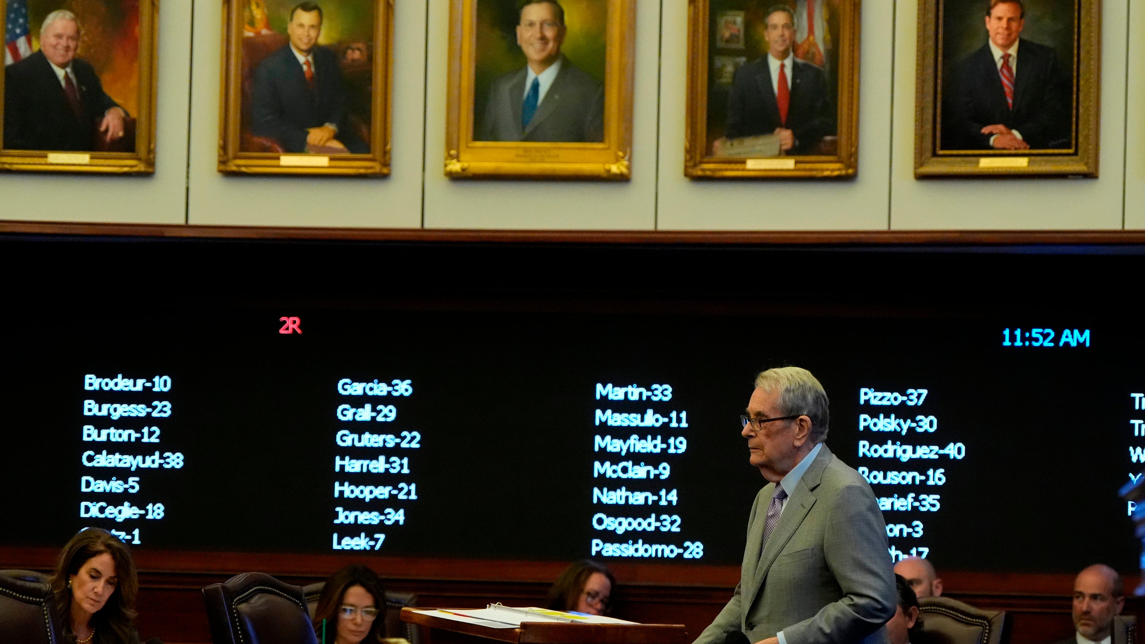 Sen. Donald Gaetz, R-Fla., speaks on the senate floor on SB 8-D, a redistricting bill, during a special session of the Florida Legislature, Wednesday, April 29, 2026, in Tallahassee, Fla. (AP Photo/Mike Stewart)