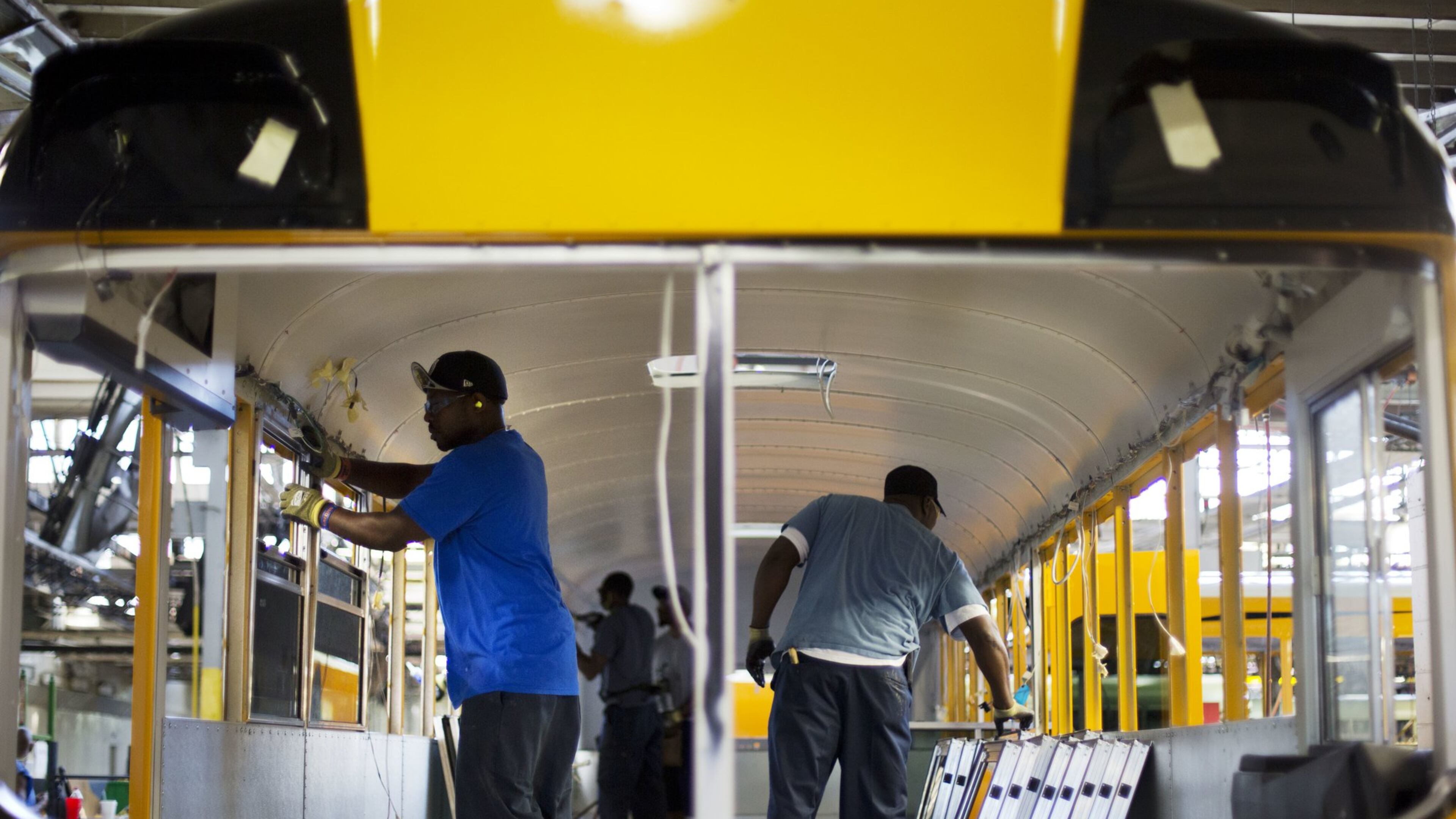 September 18, 2015: Employees work on a school bus on the assembly line at Blue Bird Corp.’s manufacturing facility in Fort Valley, Ga. Blue Bird Corp. is one of the nation’s leading manufacturers of school buses. (AP Photo/David Goldman)