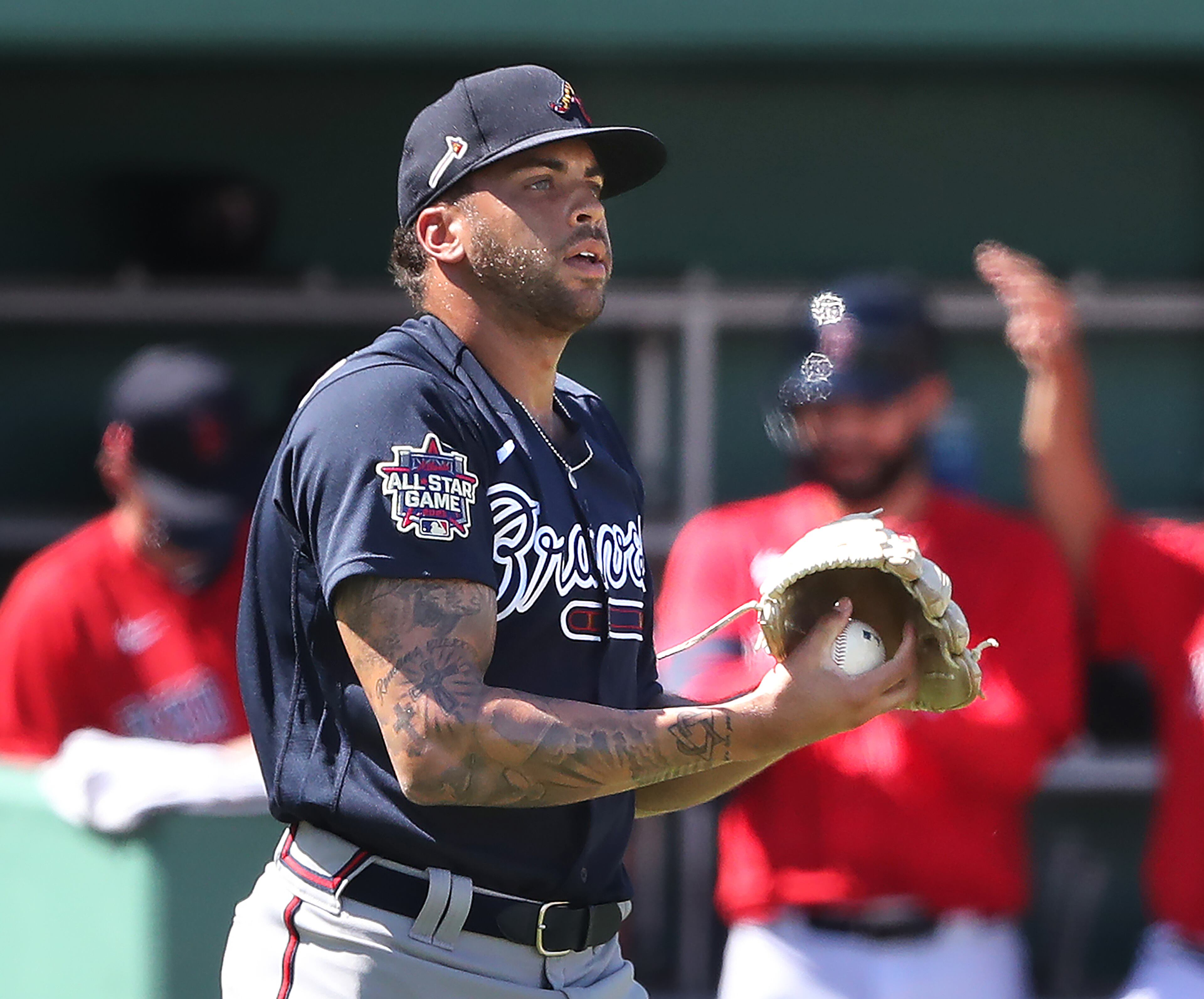 Atlanta Braves pitcher Kurt Hoekstra reacts to walking in a run with the bases loaded during the second inning against the Boston Red Sox Monday, March 1, 2021, at JetBlue Park in Fort Myers, Fla. (Curtis Compton / Curtis.Compton@ajc.com)