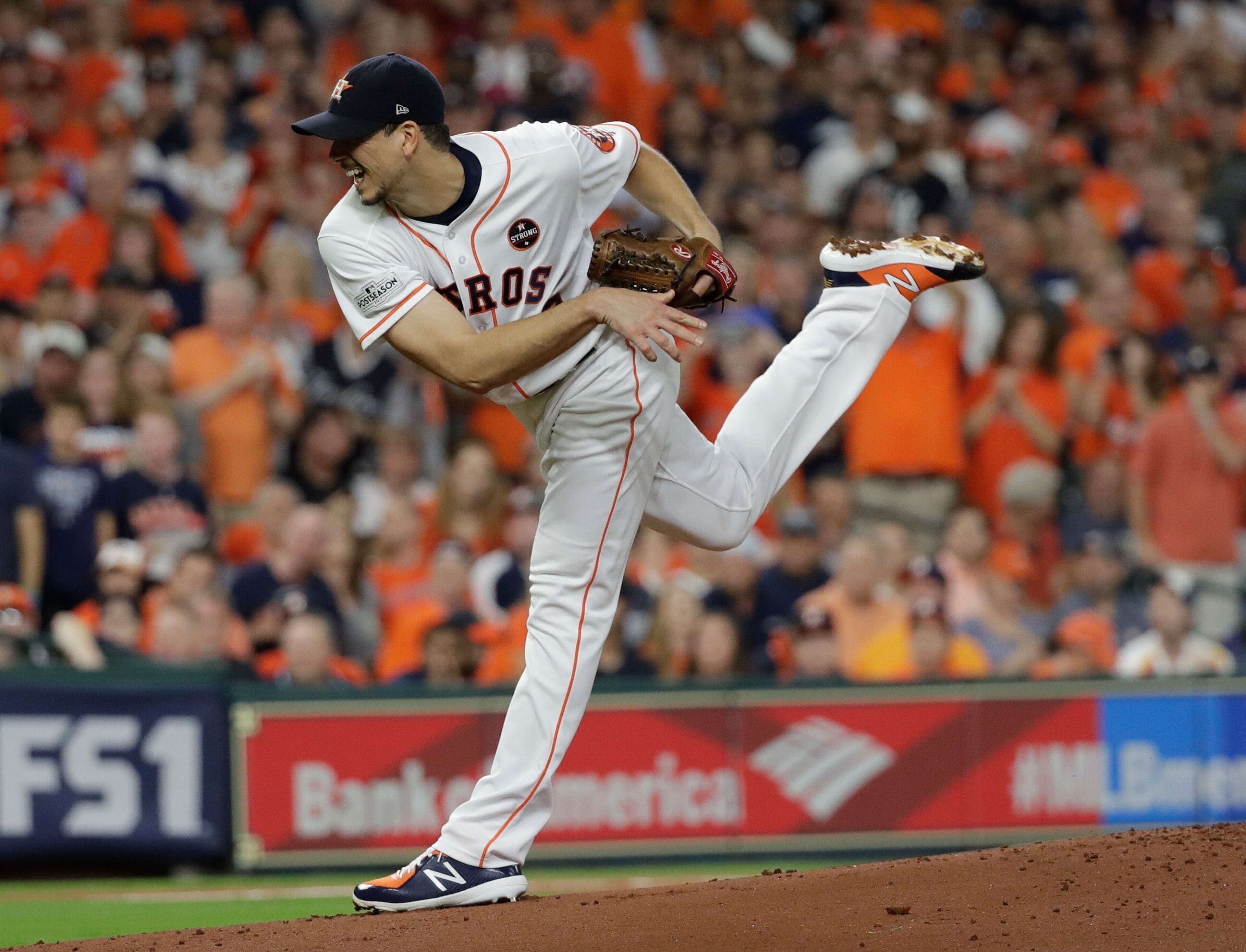 Houston Astros starting pitcher Charlie Morton throws during the first inning of Game 7 of baseball's American League Championship Series against the New York Yankees Saturday, Oct. 21, 2017, in Houston. (AP Photo/David J. Phillip)
