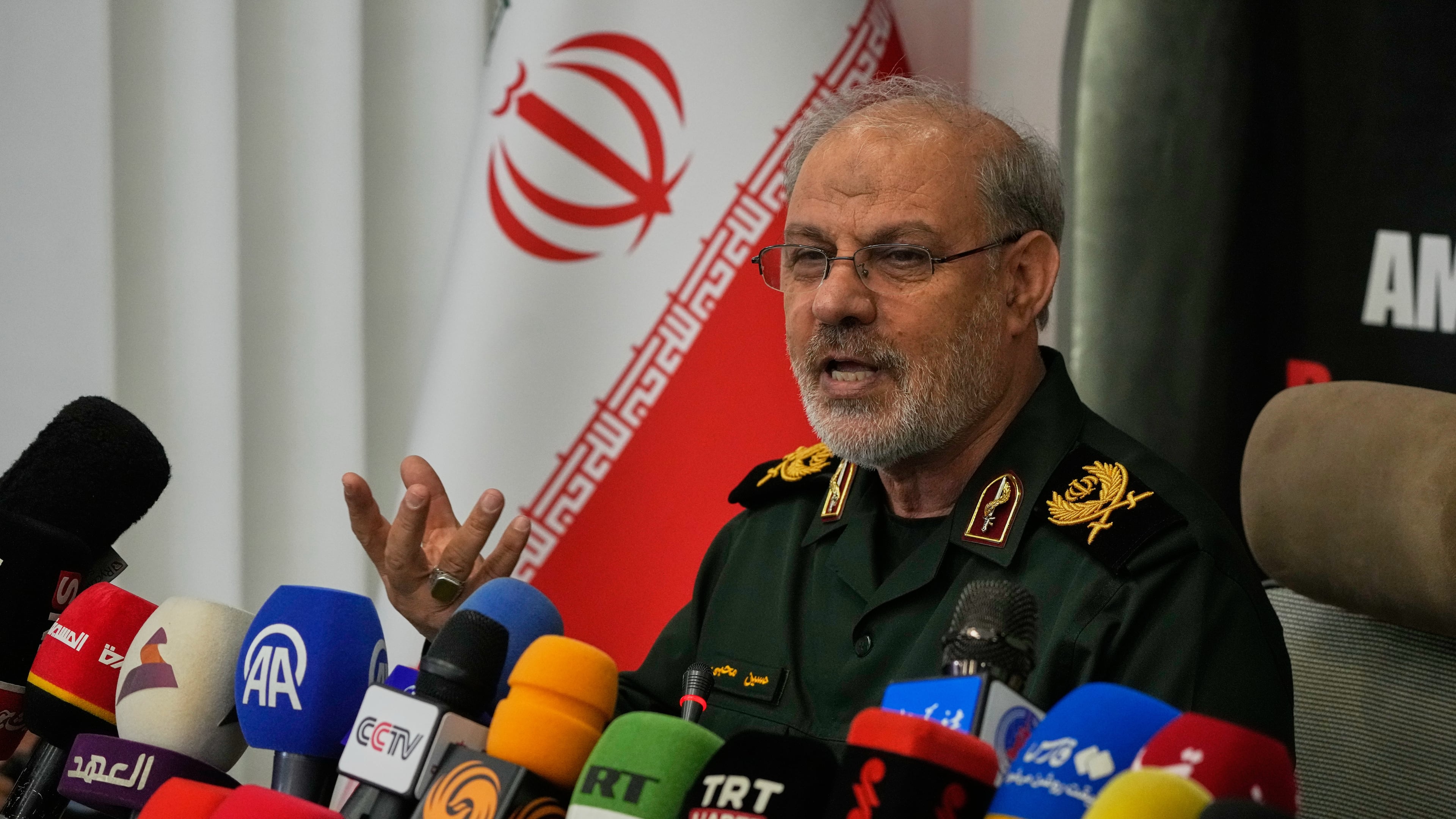 Iran's Revolutionary Guard spokesman Gen. Hossein Mohebbi speaks during a news conference in Tehran, Iran, Tuesday, Sept. 29, 2026. (AP Photo/Vahid Salemi)