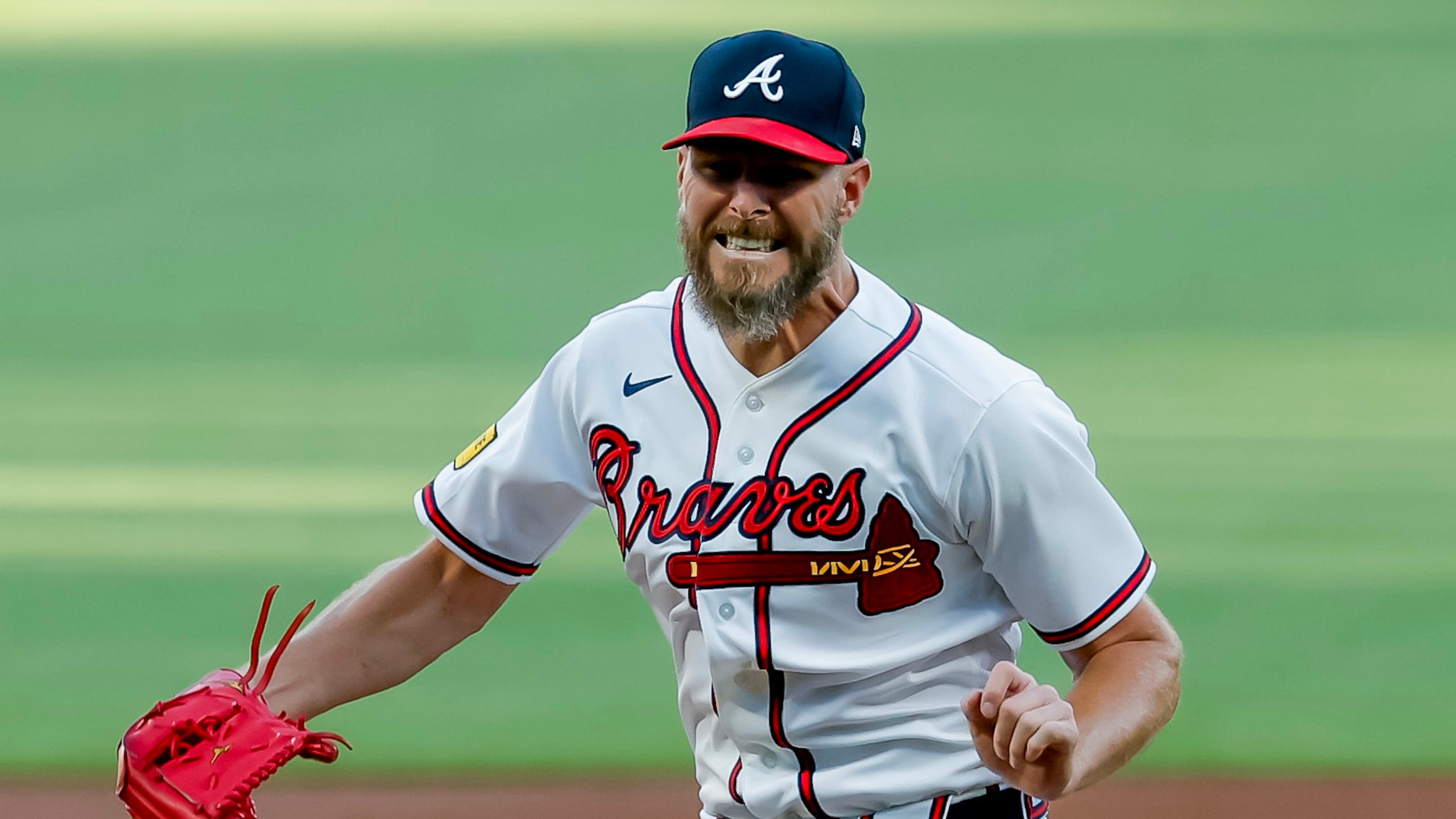 Atlanta Braves pitcher Chris Sale reacts after striking out Chicago Cubs' Matt Shaw to end the top half of the first inning of a baseball game, Thursday, May 14, 2026, in Atlanta. (Erik S. Lesser/AP)