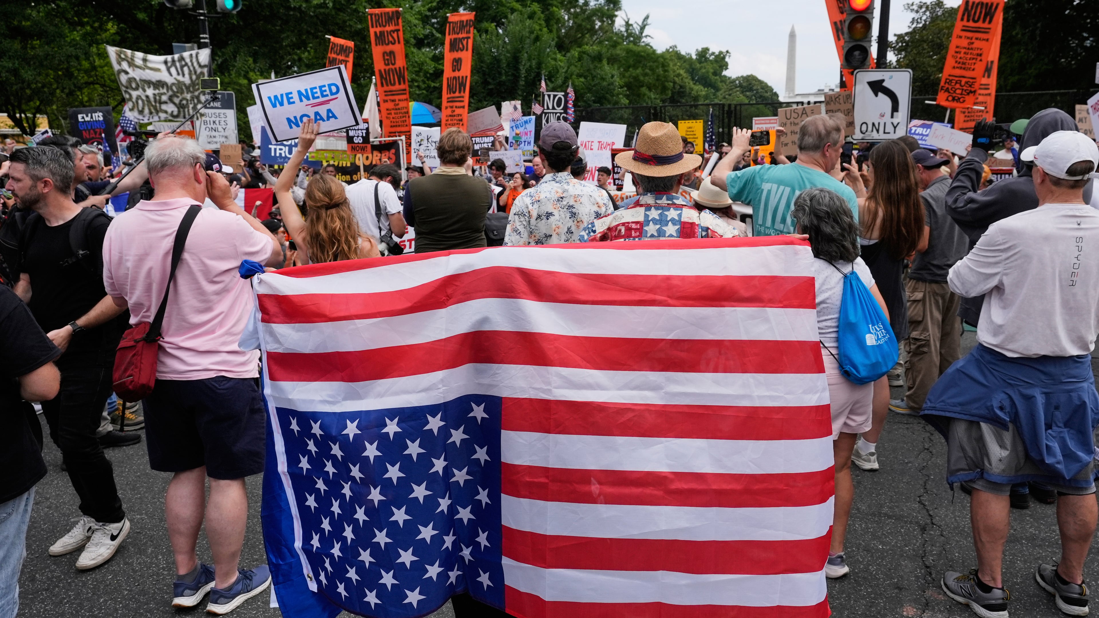 FILE - A demonstrator carries an American flag upside-down near the White House during a protest taking place on the day of a military parade commemorating the Army's 250th anniversary, coinciding with President Donald Trump's 79th birthday, June 14, 2025, in Washington. (AP Photo/Alex Brandon, File)