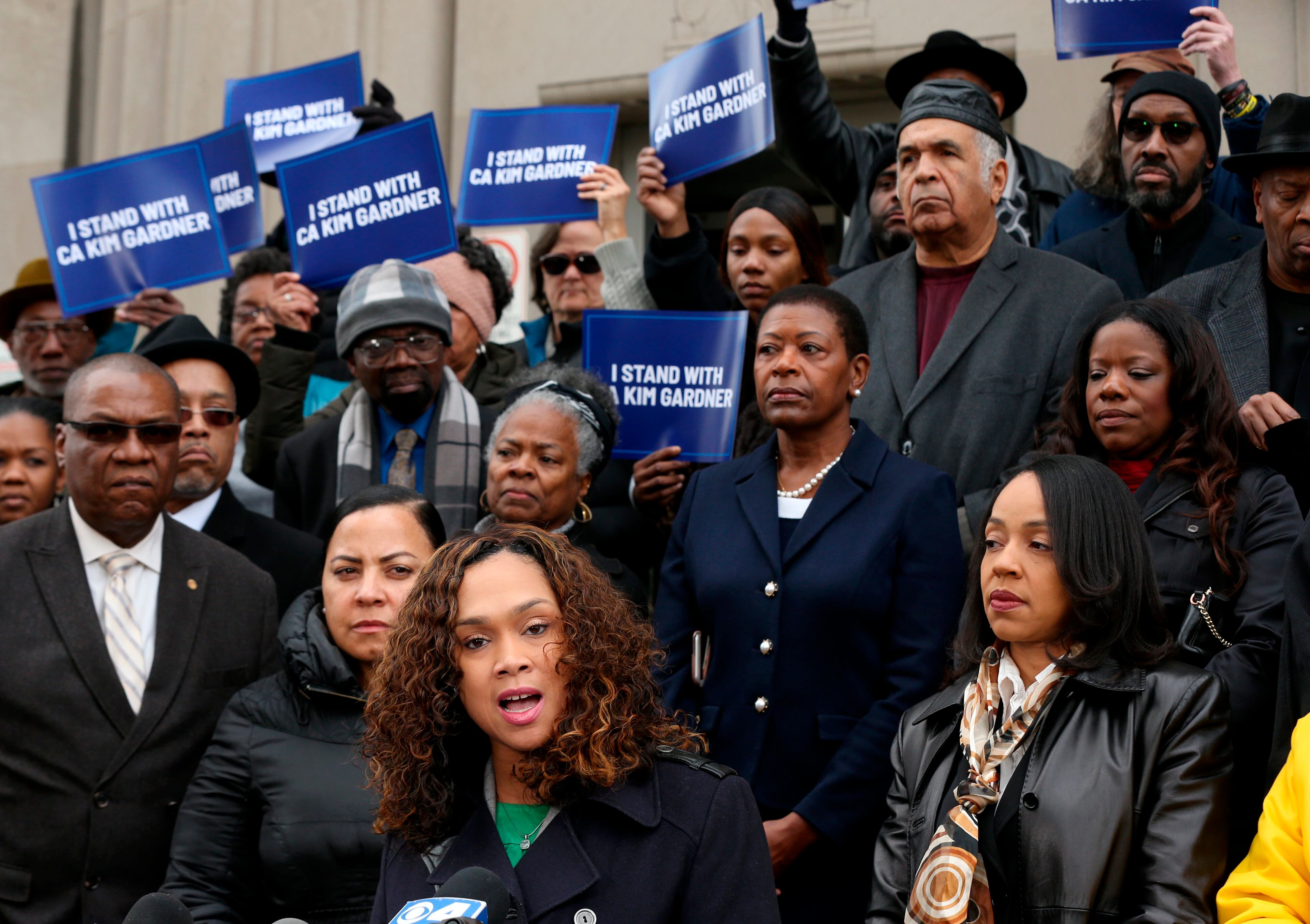 Baltimore State's Attorney Marilyn Mosby, center, speaks at a rally outside the Mel Carnahan Courthouse in St. Louis on Tuesday, with several other African American female prosecutors in support of Circuit Attorney Kimberly Gardner in her efforts to reform the criminal justice system and her suit against the St. Louis police union among others.