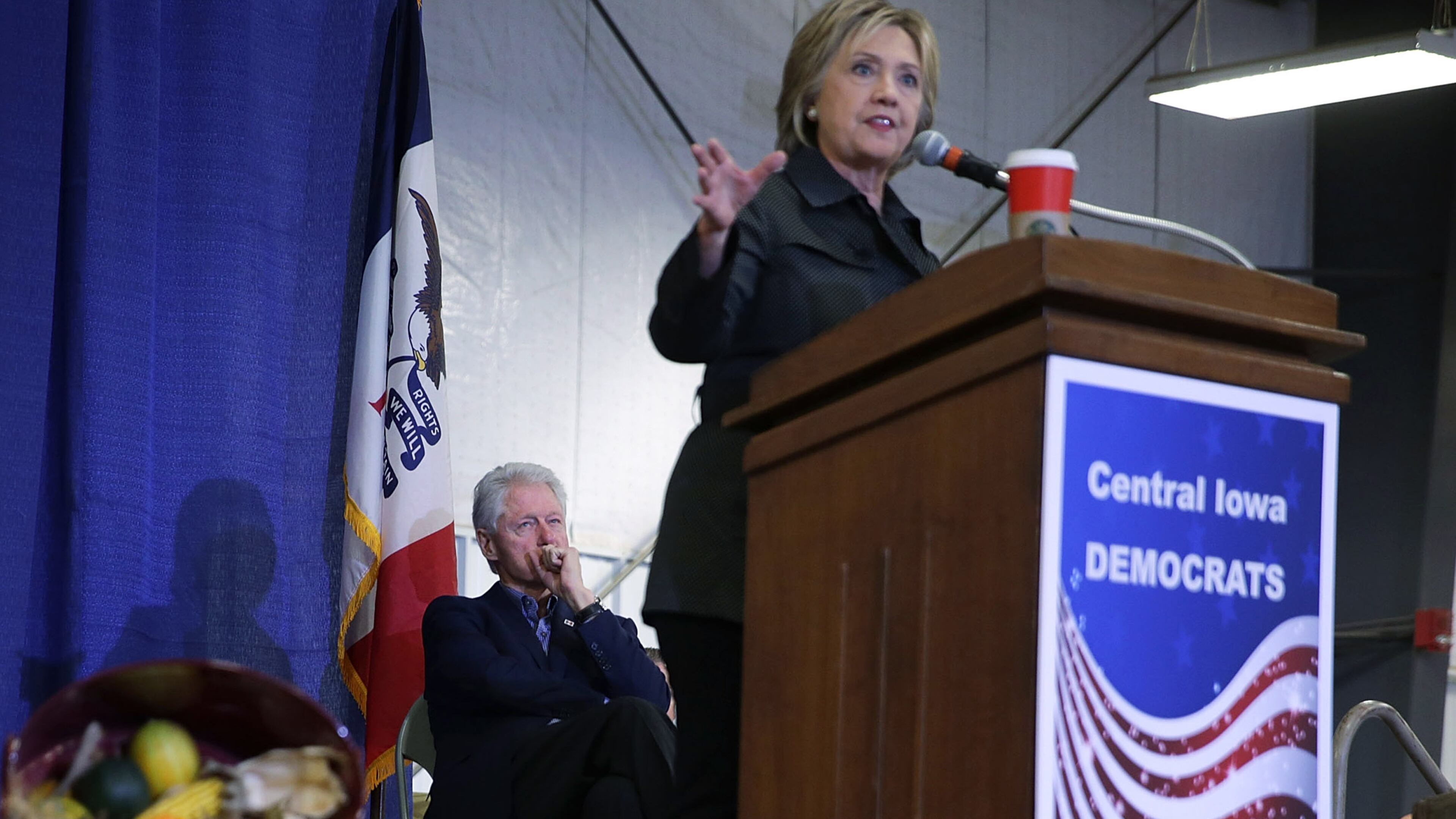 AMES, IA - NOVEMBER 15: Democratic presidential candidate Hillary Clinton speaks as her husband and former President Bill Clinton looks on during the Central Iowa DemocratsÕ fall barbecue November 15, 2015 at Hansen Agriculture Student Learning Center of Iowa State University in Ames, Iowa. Clinton continued to campaign for the nomination from the Democratic Party. (Photo by Alex Wong/Getty Images)