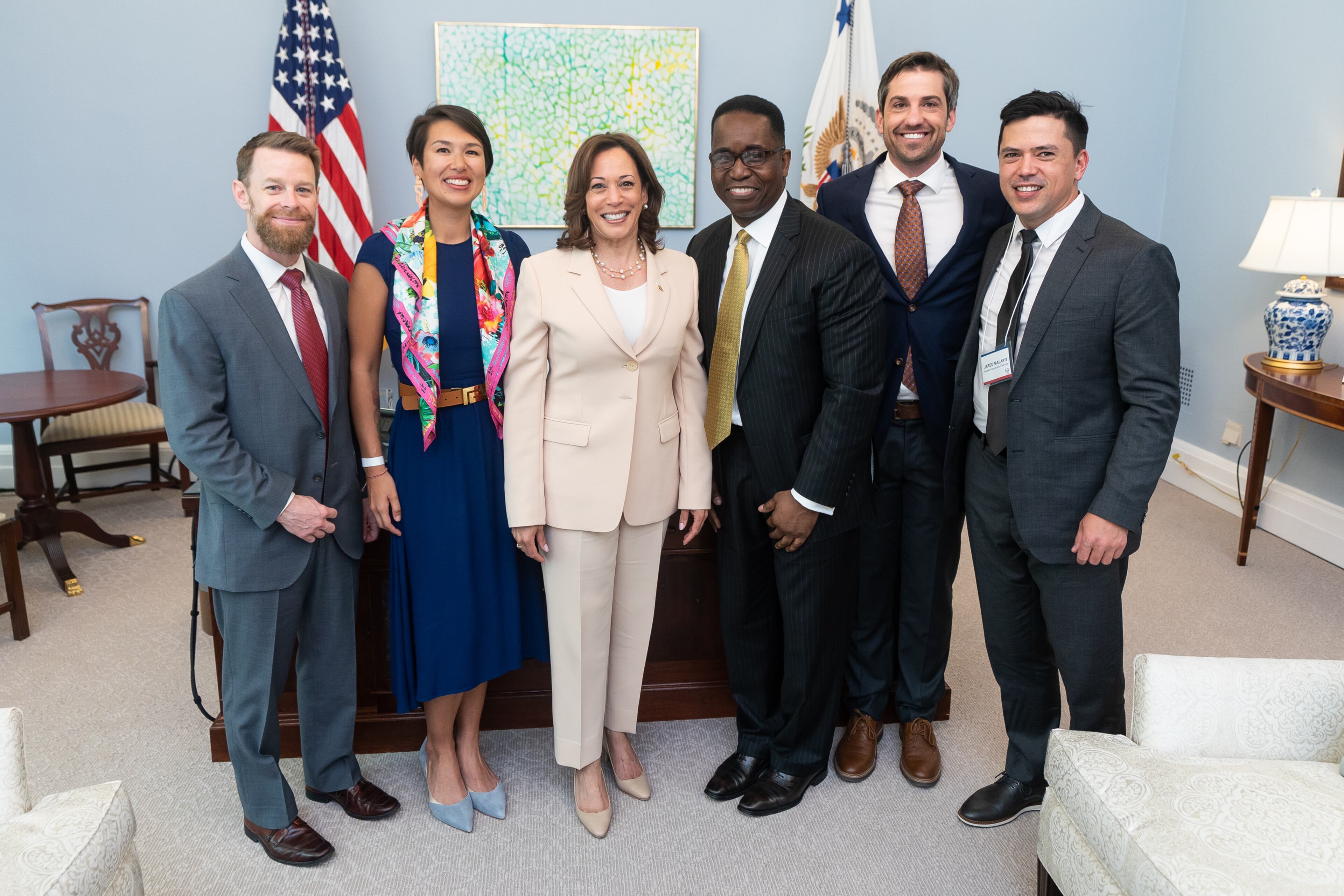 Vice President Kamala Harris poses for a photo with small business owners during National Small Business Week, Monday, May 1, 2023, in her West Wing Office at the White House. Ken Taunton, CEO of The Royster Group, stands next to her on the right. (Official White House Photo by Lawrence Jackson)