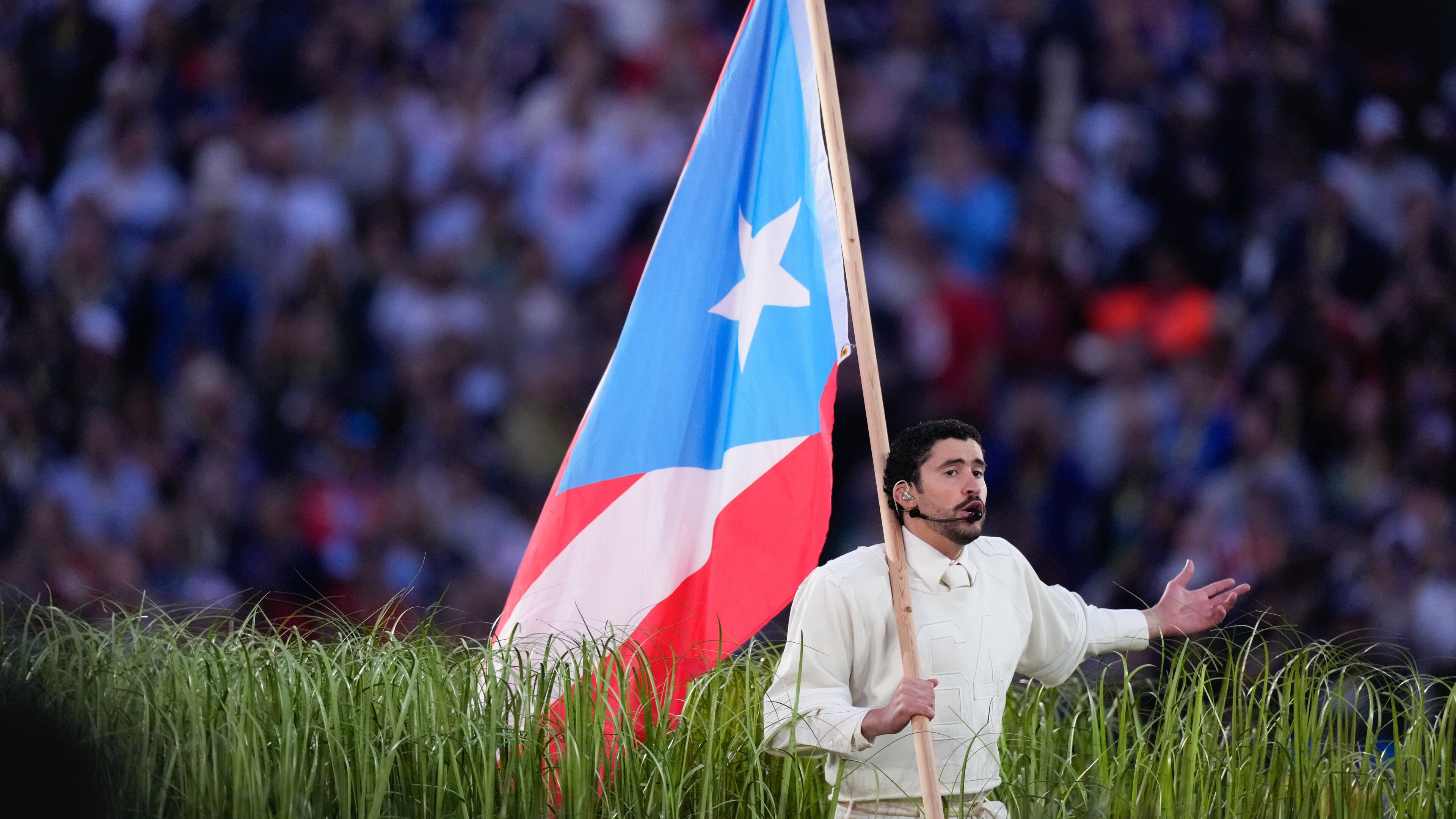 Bad Bunny performs during halftime of the NFL Super Bowl 60 football game between the New England Patriots and the Seattle Seahawks, Sunday, Feb. 8, 2026, in Santa Clara, Calif. (AP Photo/Mark J. Terrill)