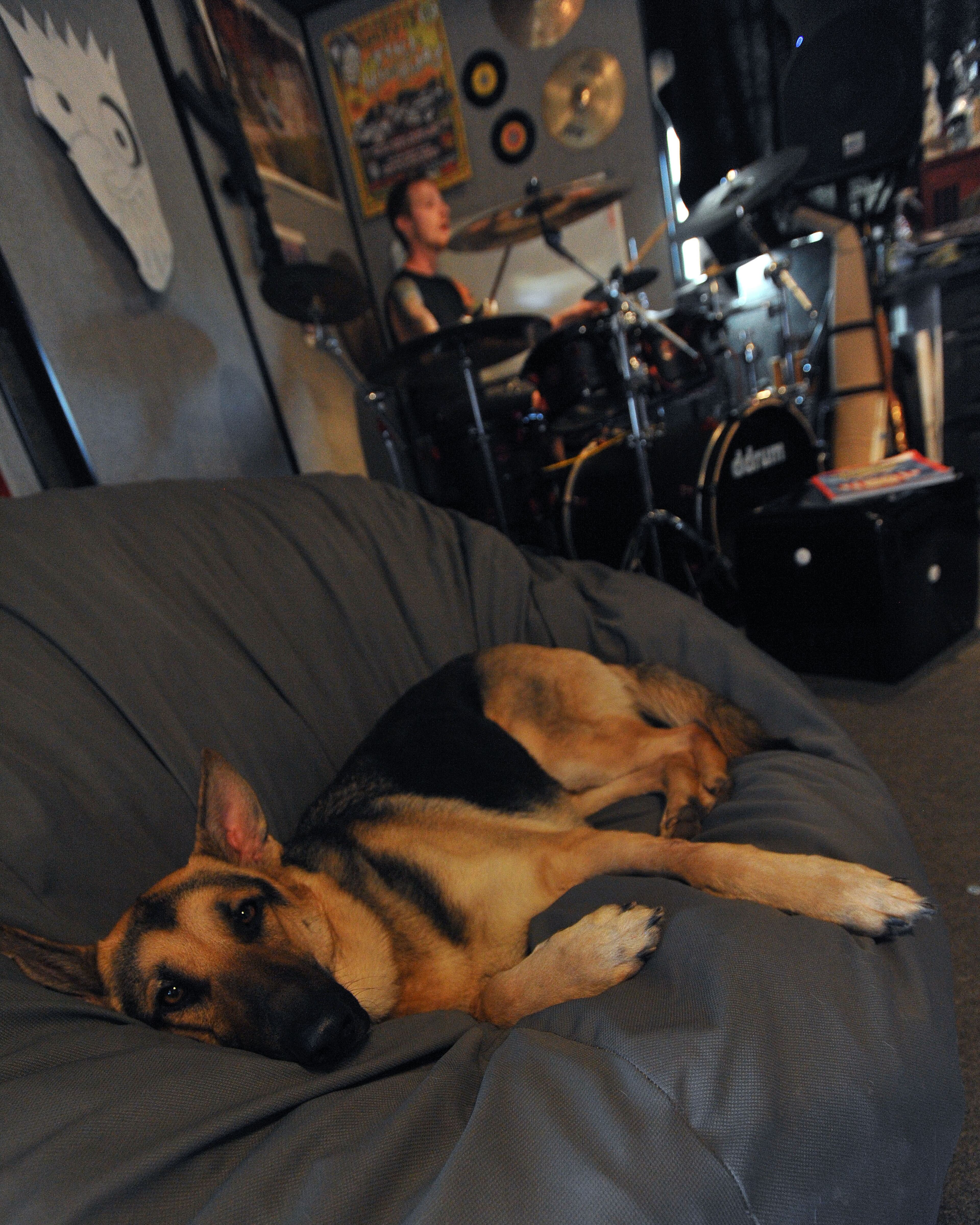 Aspiring musician Jason Barnes practices behind his drum kit while his dog Stella listens on Tuesday April 1, 2014 in Locust Grove, Ga. David Tulis / AJC Special