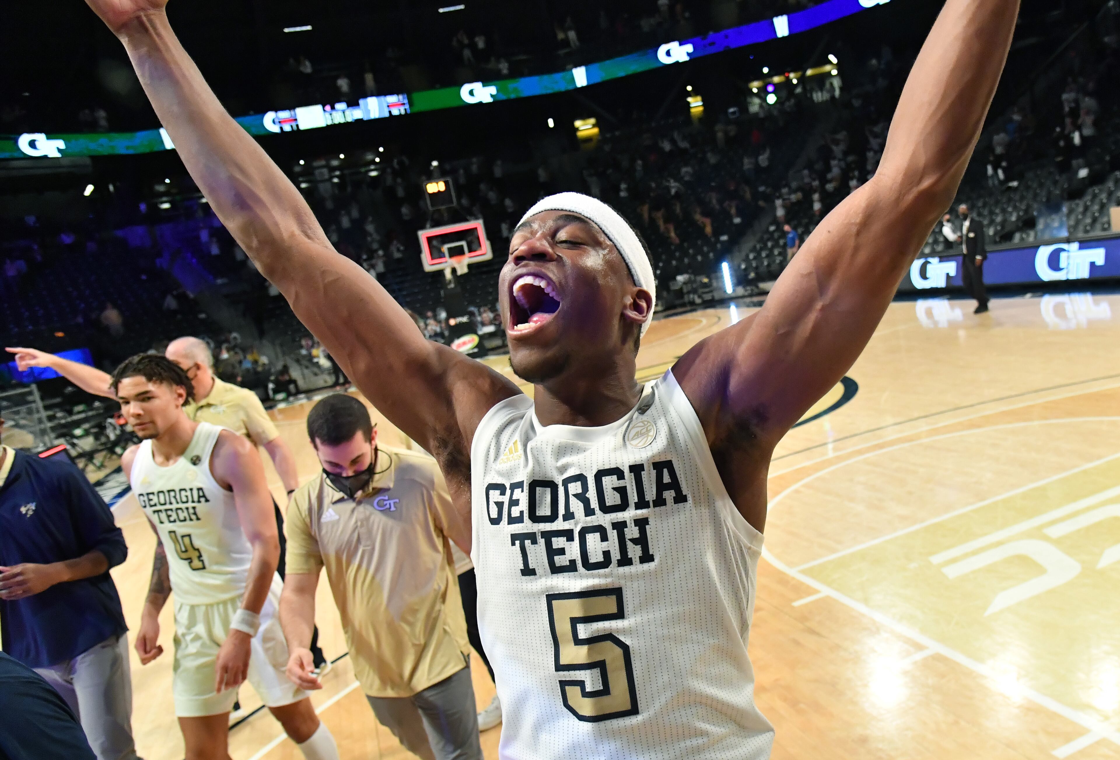 Georgia Tech's forward Moses Wright (5) celebrates an overtime win over Duke in an NCAA college basketball game at Georgia Tech's McCamish Pavilion in Atlanta on Tuesday, March 2, 2021. Georgia Tech won 81-77 over Duke in overtime. (Hyosub Shin / Hyosub.Shin@ajc.com)