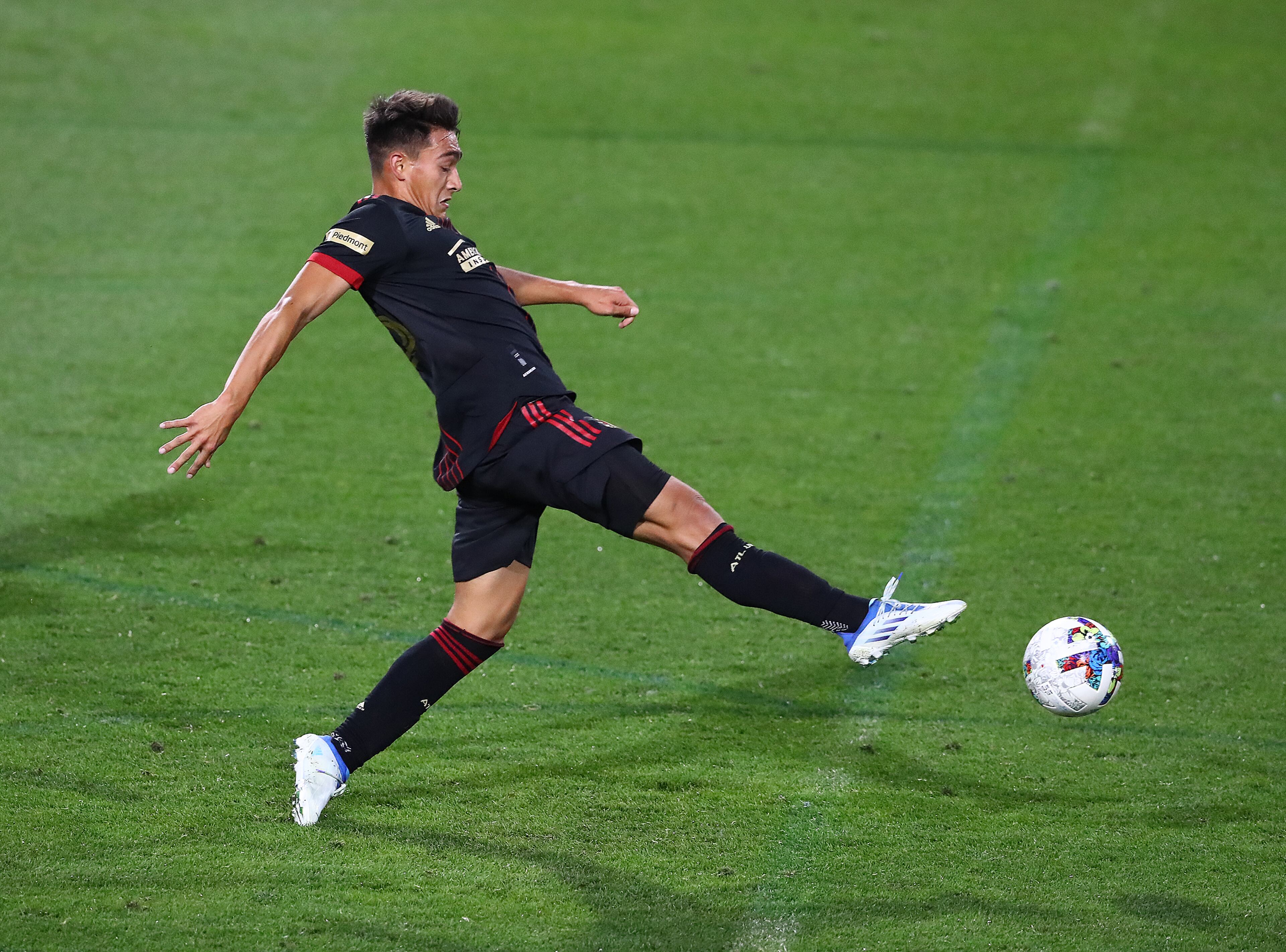 Atlanta United attacker Tyler Wolff takes a shot on goal that was blocked by Chattanooga FC goalkeeper Kevin Gonzalez in the Lamar Hunt U.S. Open Cup on Wednesday, April 20, 2022, in Kennesaw. “Curtis Compton / Curtis.Compton@ajc.com”