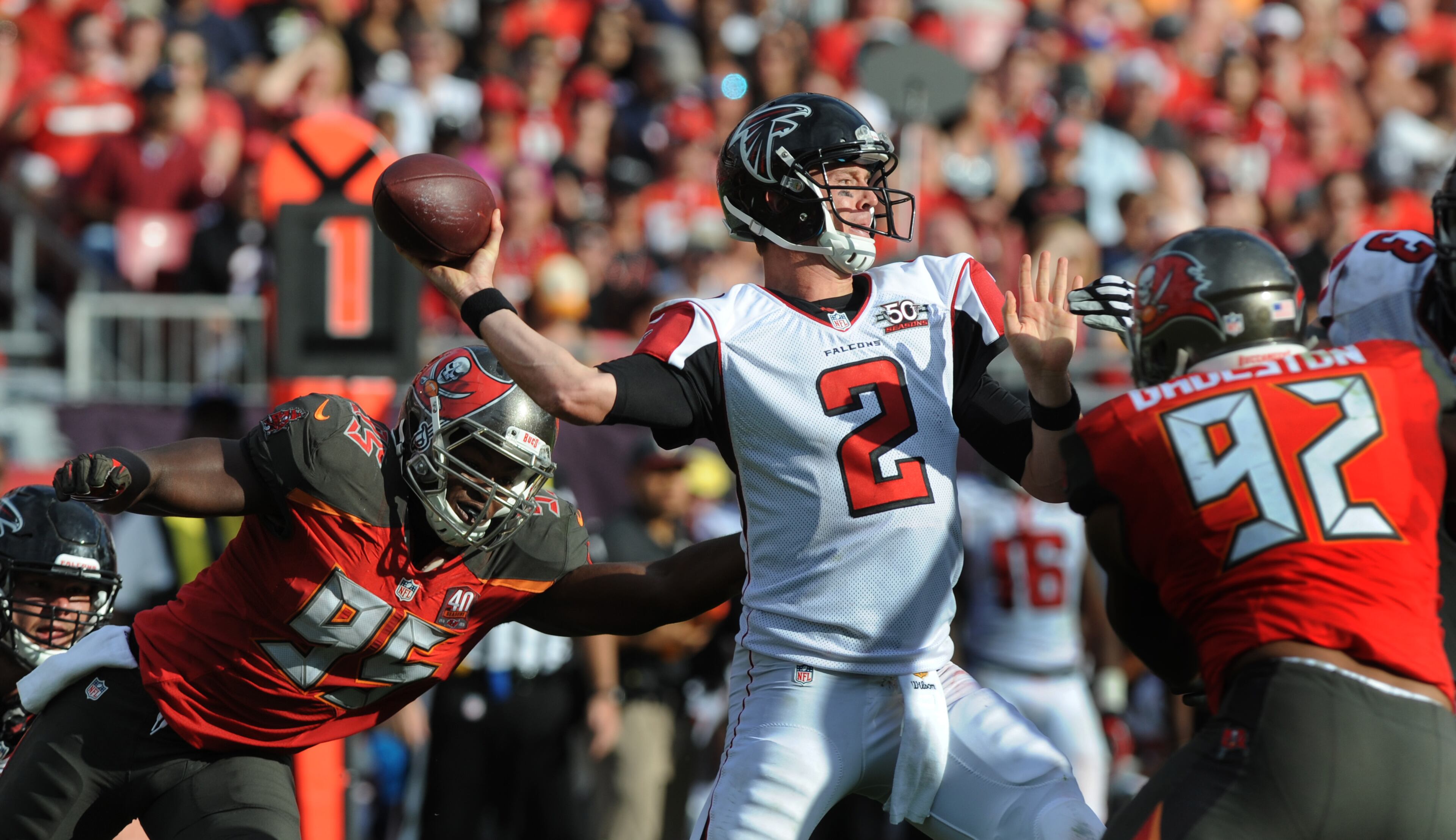 TAMPA, FL - DECEMBER 6: Quarterback Matt Ryan #2 of the Atlanta Falcons throws under pressure against the Tampa Bay Buccaneers defense in the fourth quarter at Raymond James Stadium on December 6, 2015 in Tampa, Florida. (Photo by Cliff McBride/Getty Images)