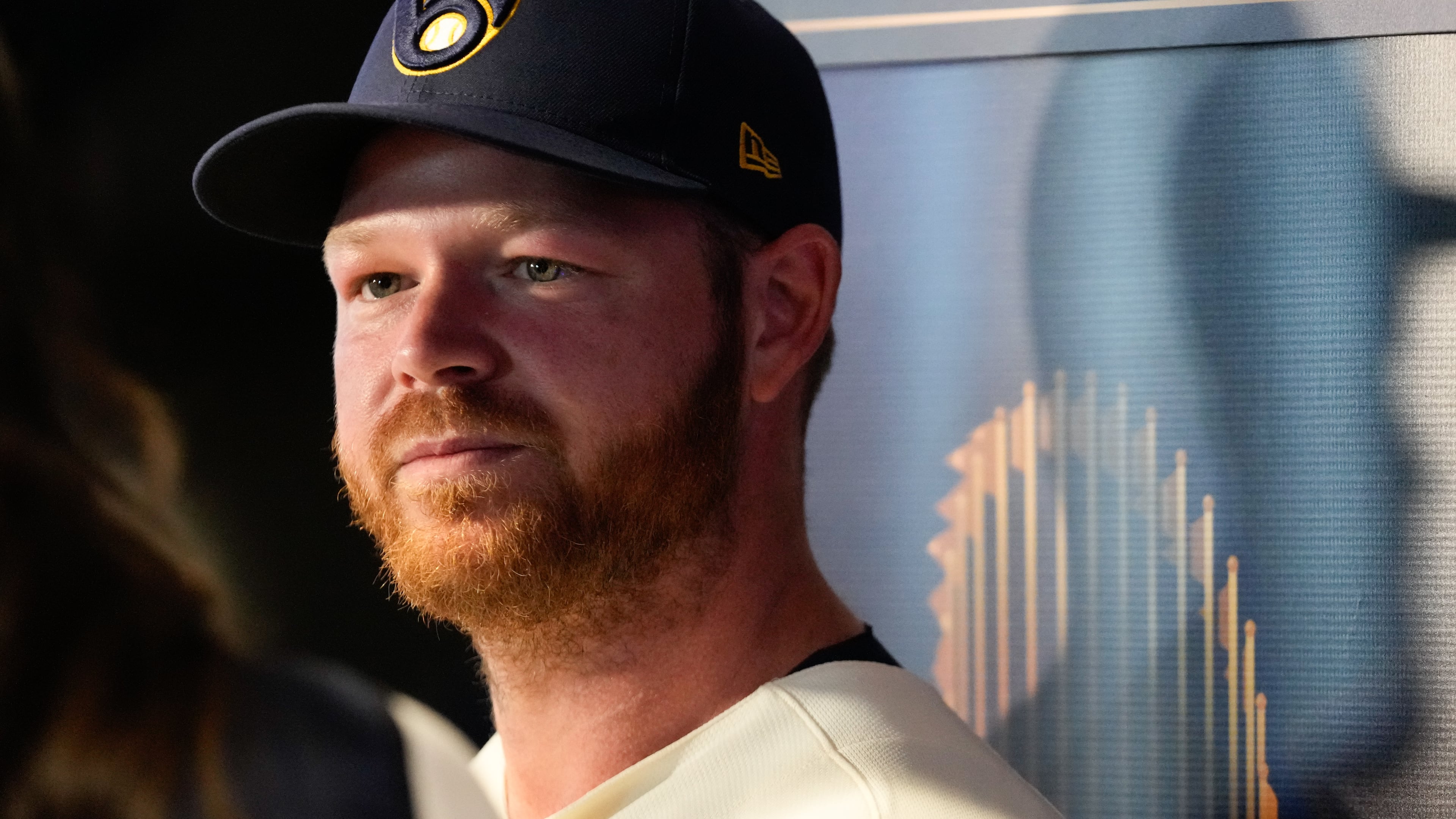 Milwaukee Brewers' Brandon Woodruff speaks during a World Series baseball media day, Thursday, Oct. 22, 2026, in Milwaukee, ahead of Game 1 between the Milwaukee Brewers and the Tampa Bay Rays. (AP Photo/Kayla Wolf)