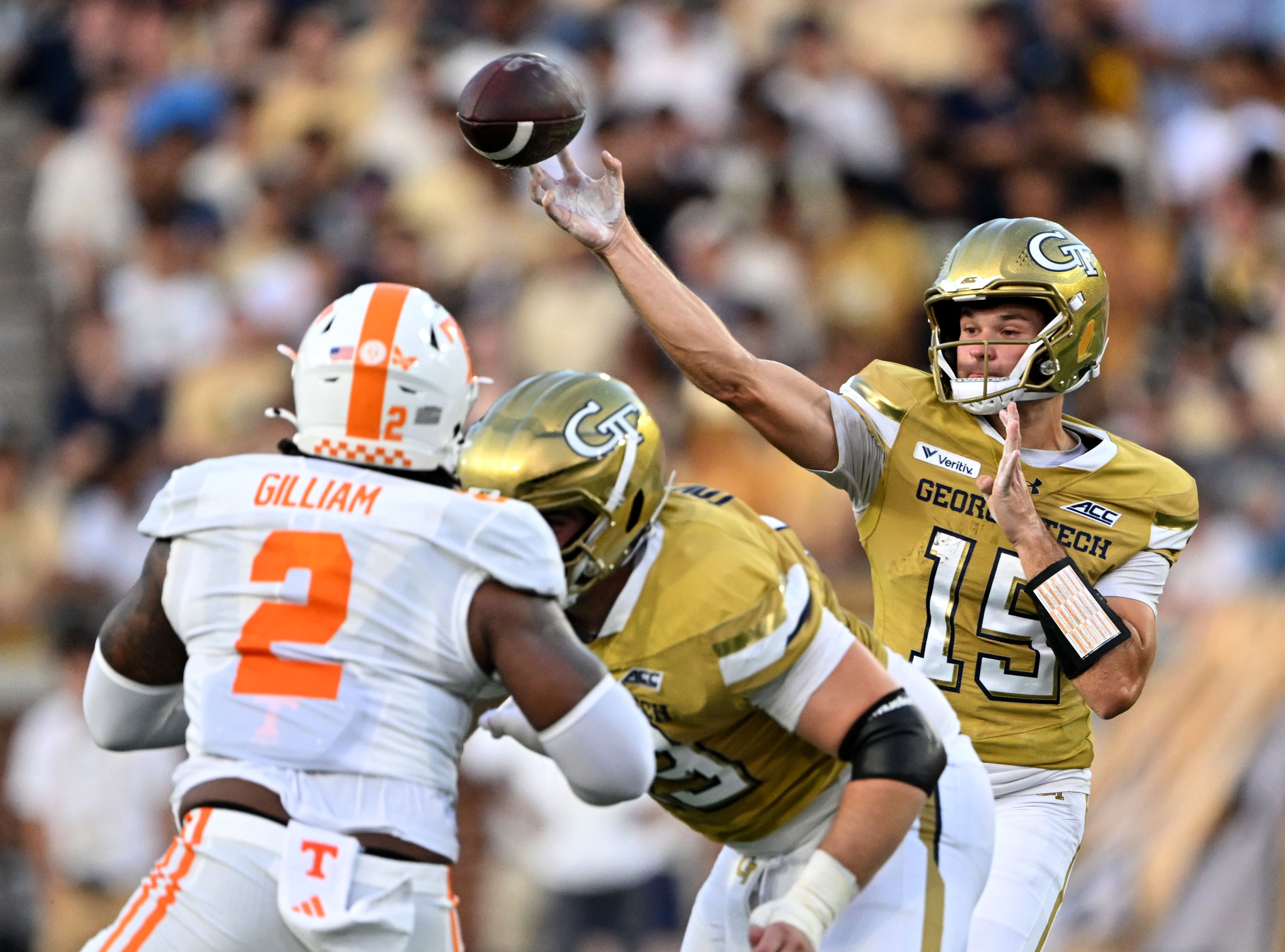 Georgia Tech quarterback Alberto Mendoza gets off a pass during the first half against Tennessee at Bobby Dodd Stadium on Saturday, Sept. 12, 2026, in Atlanta. (Hyosub Shin/AJC)