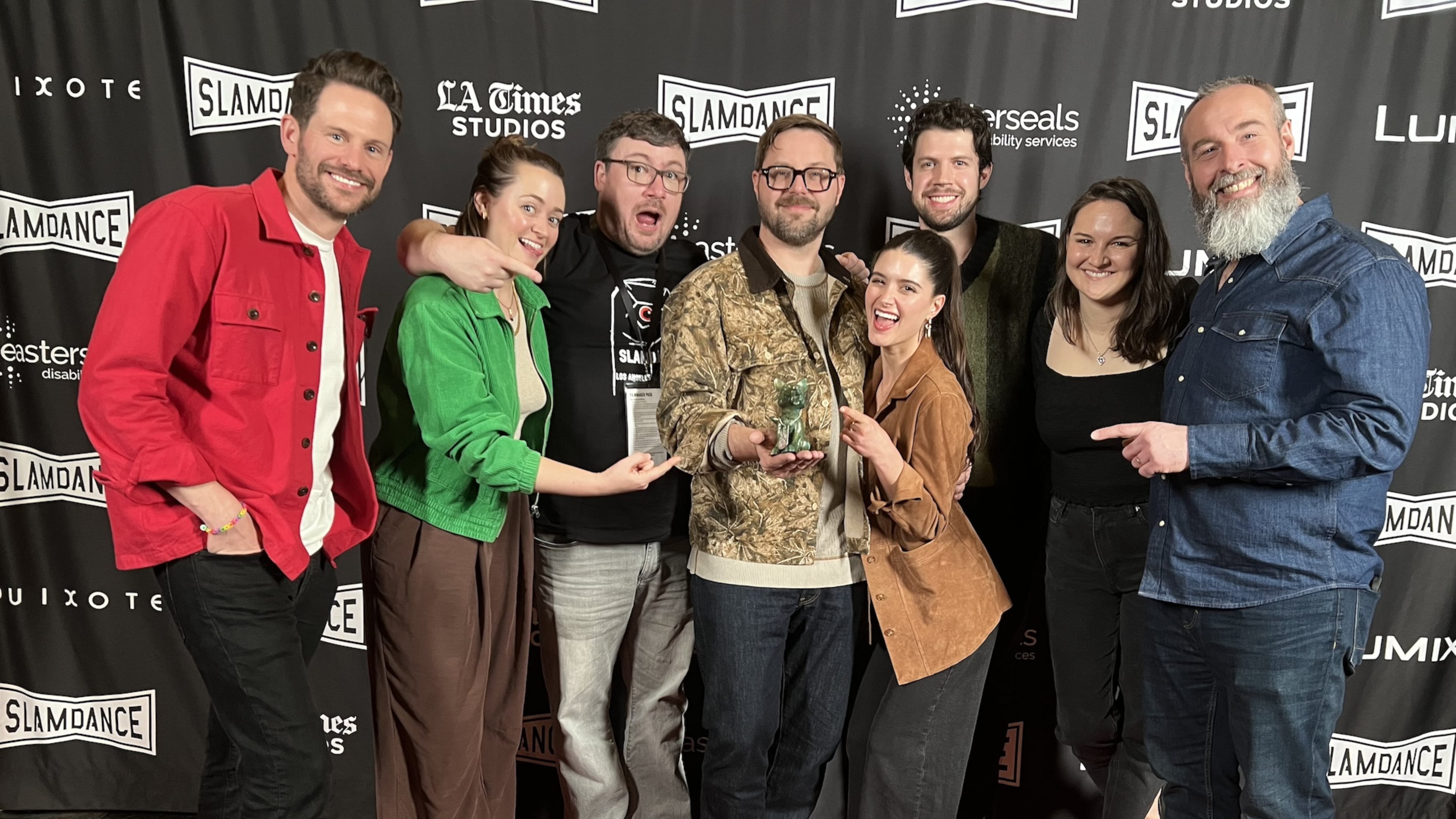 Atlanta-based producer John Henry Hinkel (third from right) and the "Coroner to the Stars" production team attend the Slamdance Film Festival in Los Angeles, where the documentary won a 2025 Audience Award. (Courtesy of Tommy Andres)