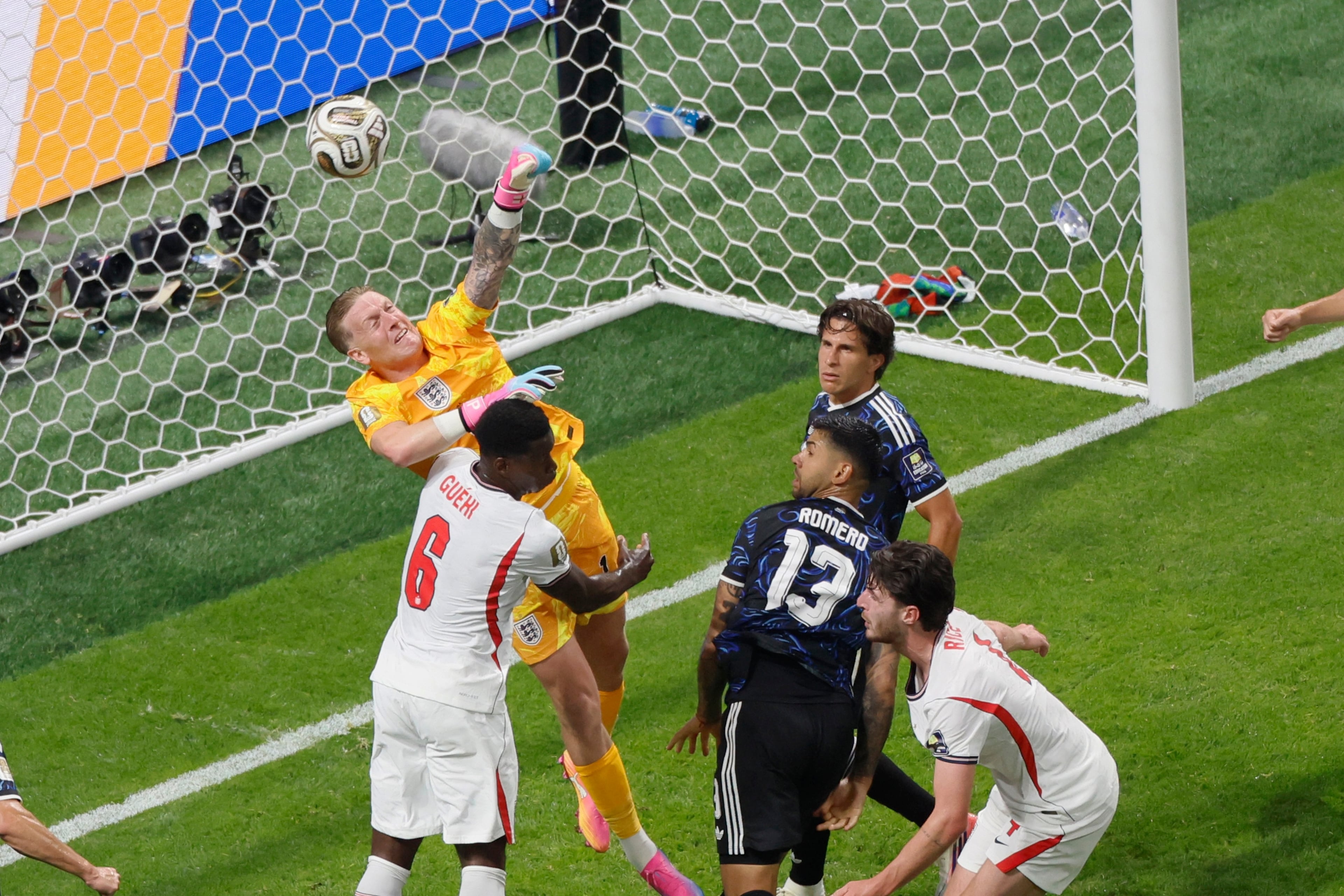 England goalkeeper Jordan Pickford reaches for ball during first half of Argentina vs. England FIFA World Cup Semifinal match at Atlanta Stadium (Mercedes-Benz Stadium) on Wednesday, July 15, 2026. (Miguel Martinez/AJC)