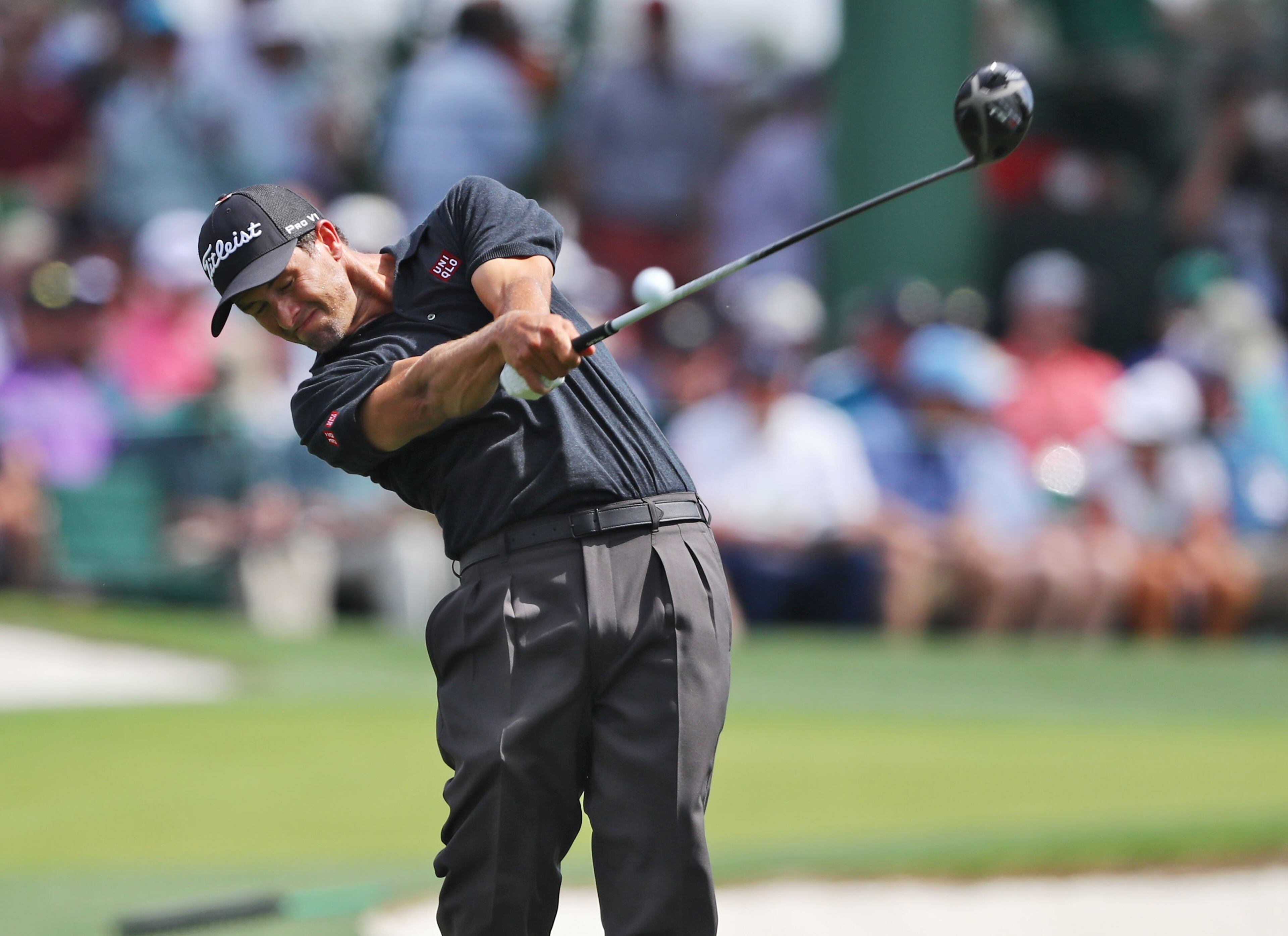 April 13, 2019 - Augusta - Adam Scott tees off on 3 during the third round of the Masters Tournament Saturday, April 13, 2019, at Augusta National Golf Club in Augusta. Curtis Compton / ccompton@ajc.com