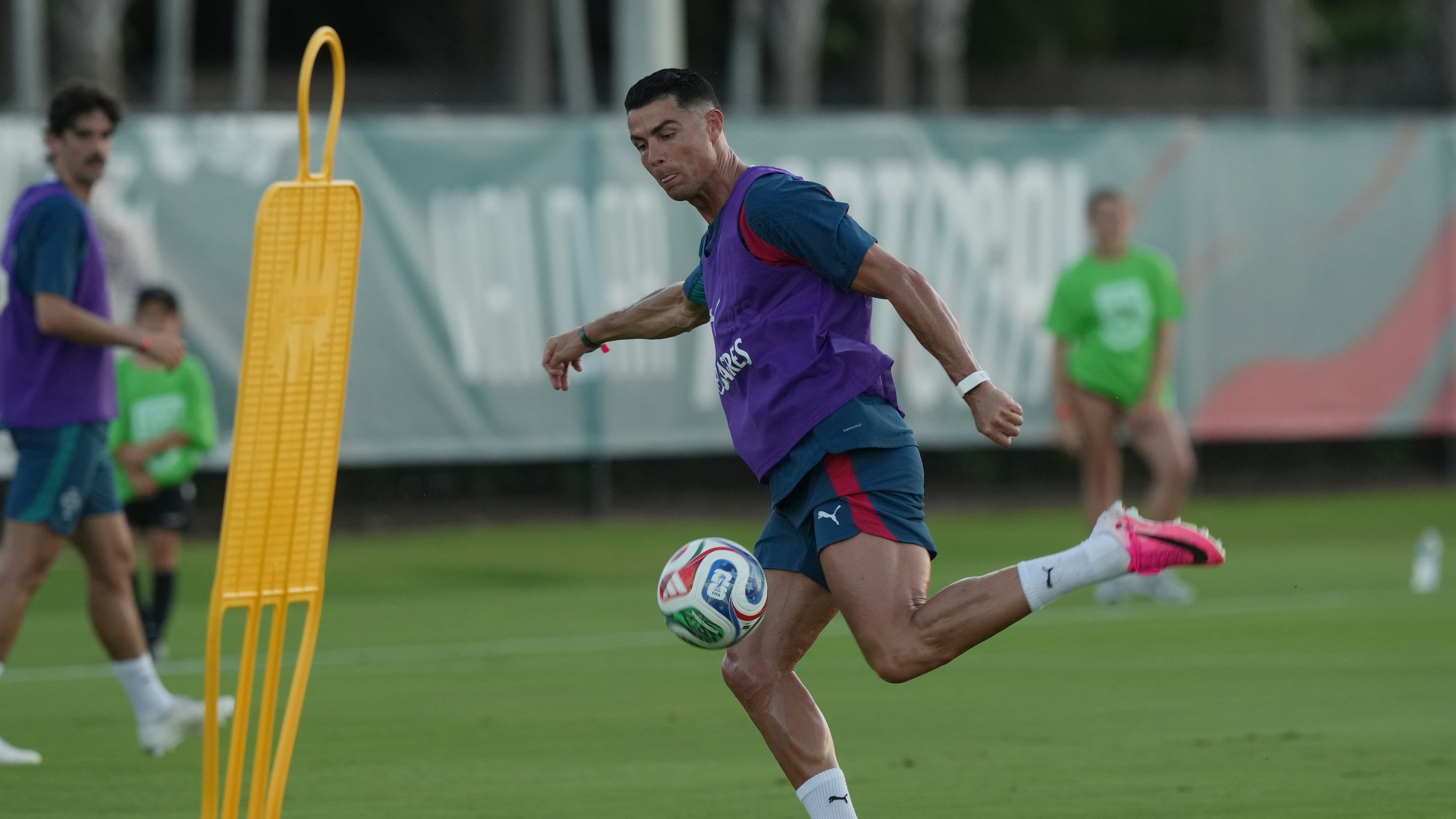 Portugal's Cristiano Ronaldo runs drills during the men's national soccer team training session ahead of their FIFA World Cup soccer tournament Saturday, June 13, 2026, in Palm Beach Gardens, Fla. (AP Photo/Marta Lavandier)