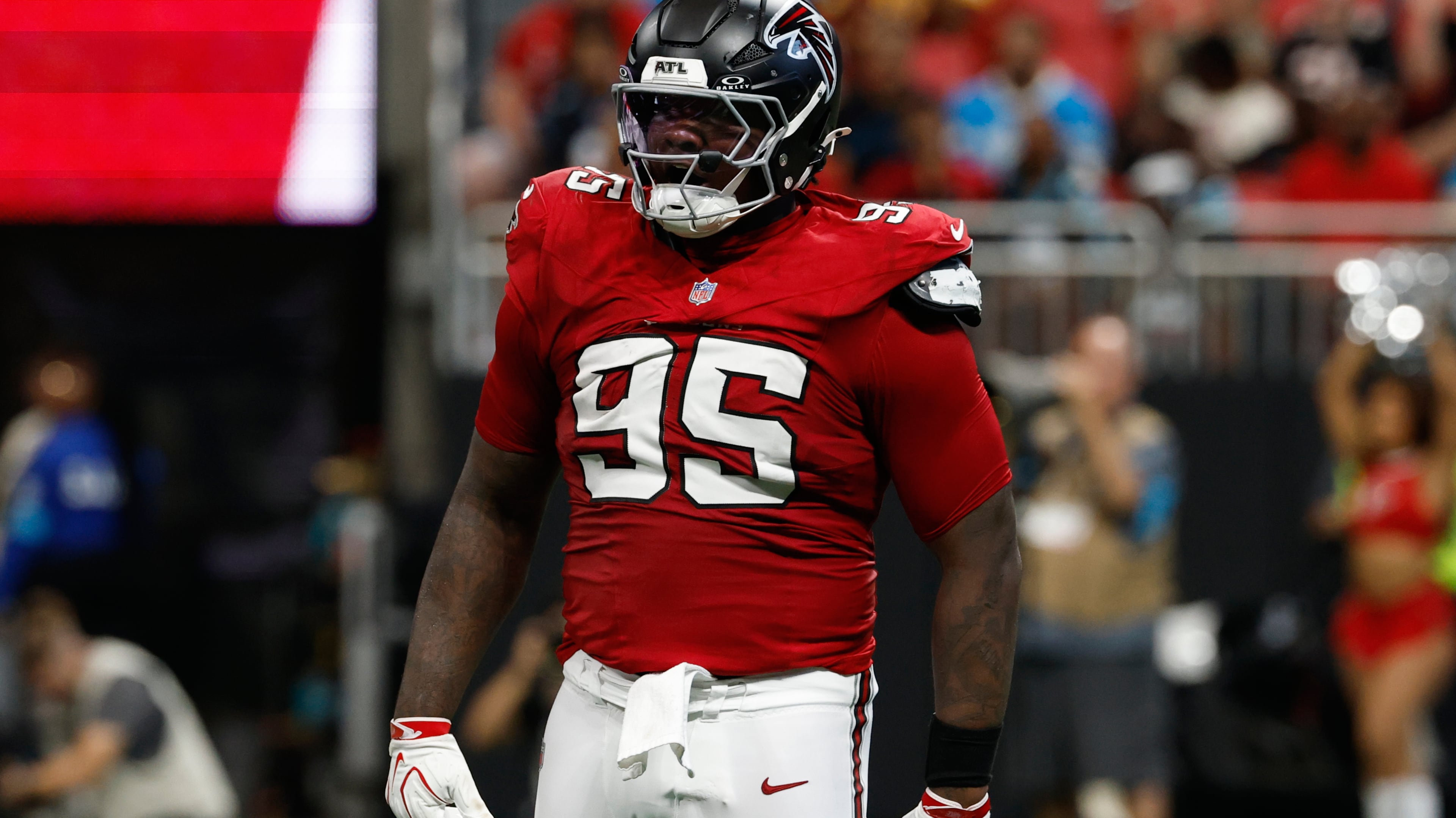 Falcons defensive tackle Gervon Dexter Sr. celebrates after his sack of Panthers quarterback Bryce Young on Sunday, Sept. 20, 2026. Through three games, Dexter has generated pressure on 20.5% of his pass-rush attempts, according to Next Gen Stats. (Erik S. Lesser/AP)