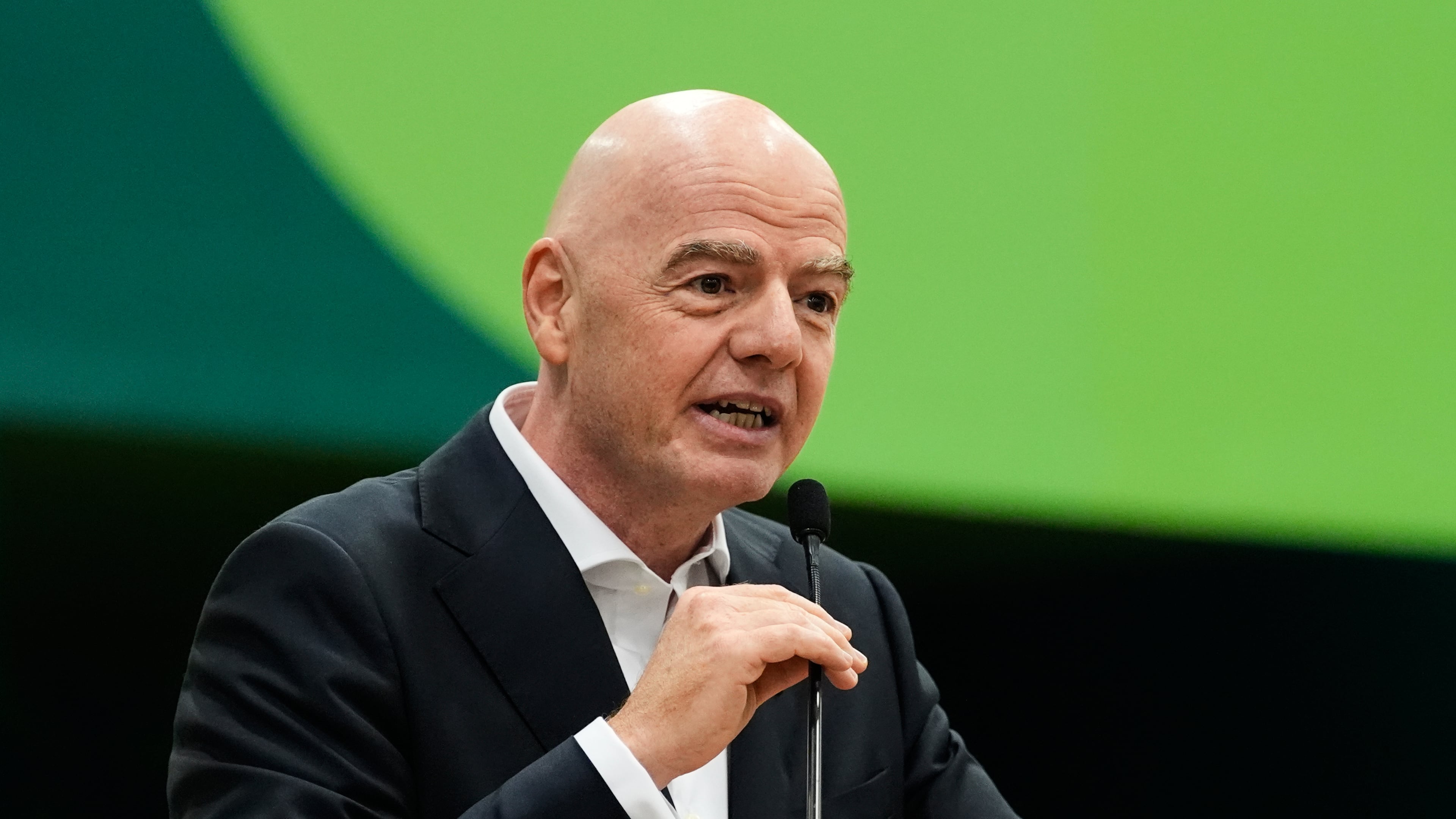 FILE - FIFA President Gianni Infantino makes comments during the opening ceremony of the International Broadcast Center, June 1, 2026, in Dallas. (AP Photo/Tony Gutierrez, File)