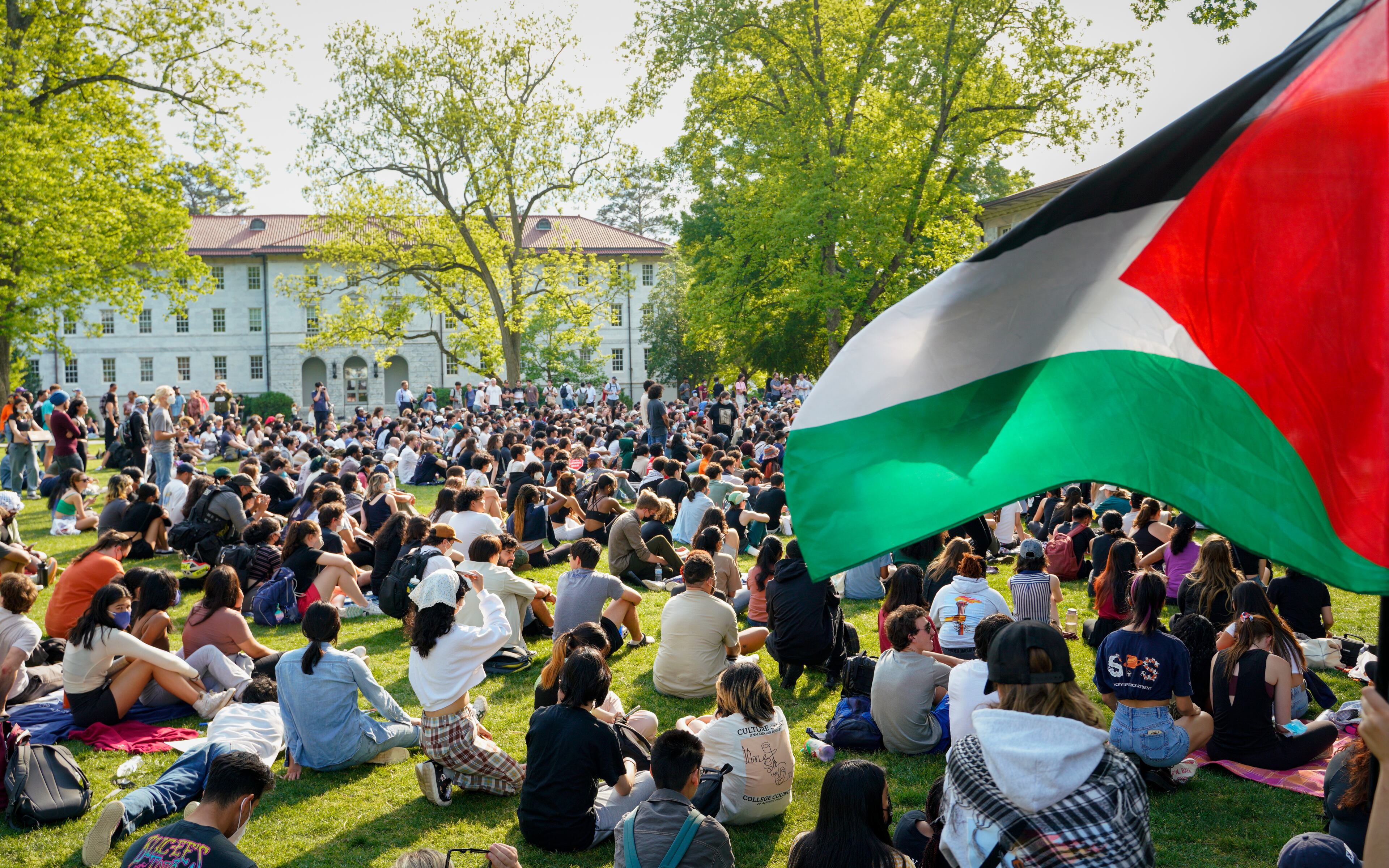 Protesters gathered for a second day of pro-Palestine demonstrations on the Emory University quad on Friday, April 26, 2024. (Ben Hendren for The Atlanta Journal-Constitution)