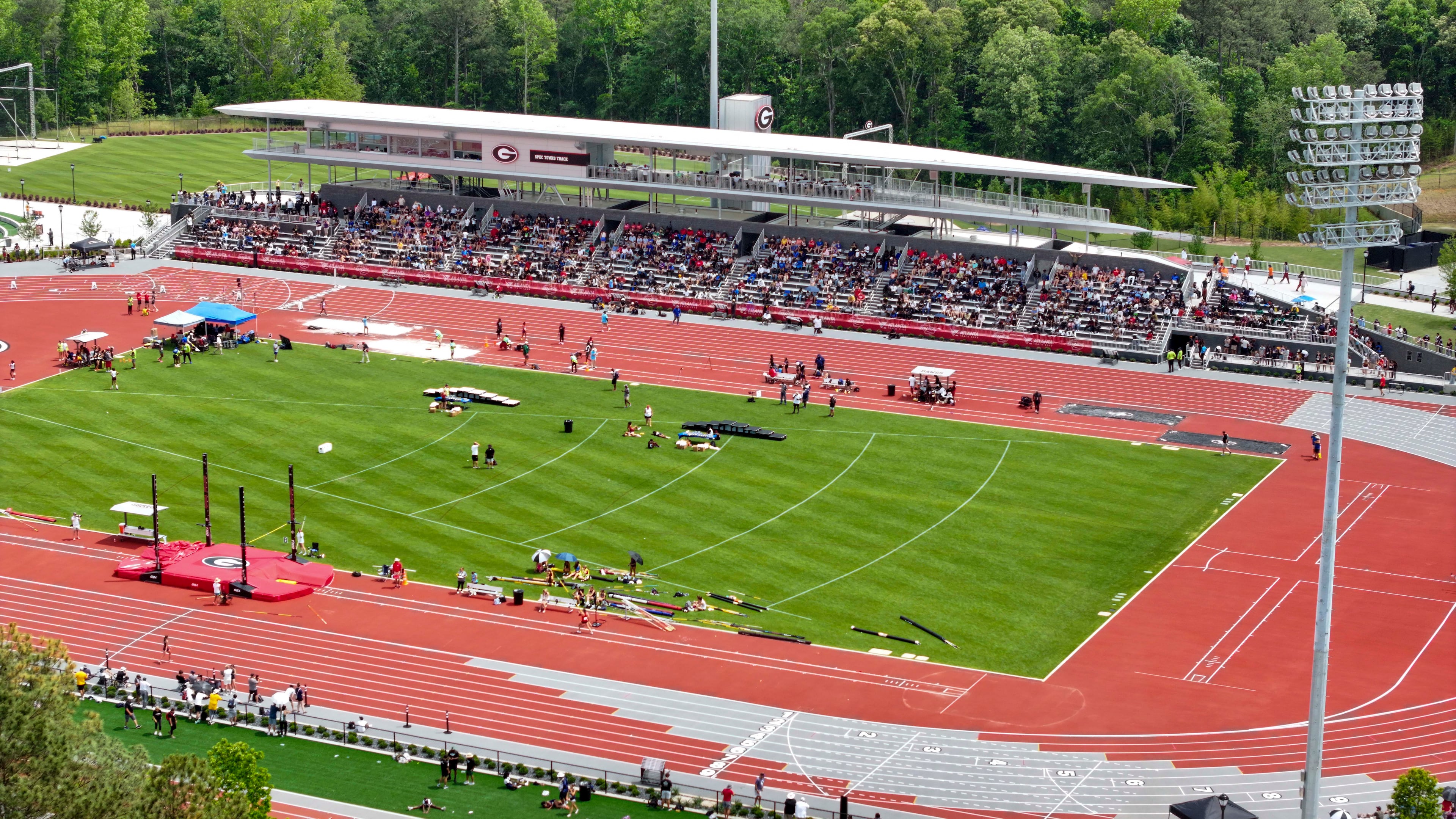 An aerial image depicts the UGA Spec Towns Track where the GHSA track and field state championship is taking place on Monday, May 11, 2026, in Athens.
(Miguel Martinez/AJC)