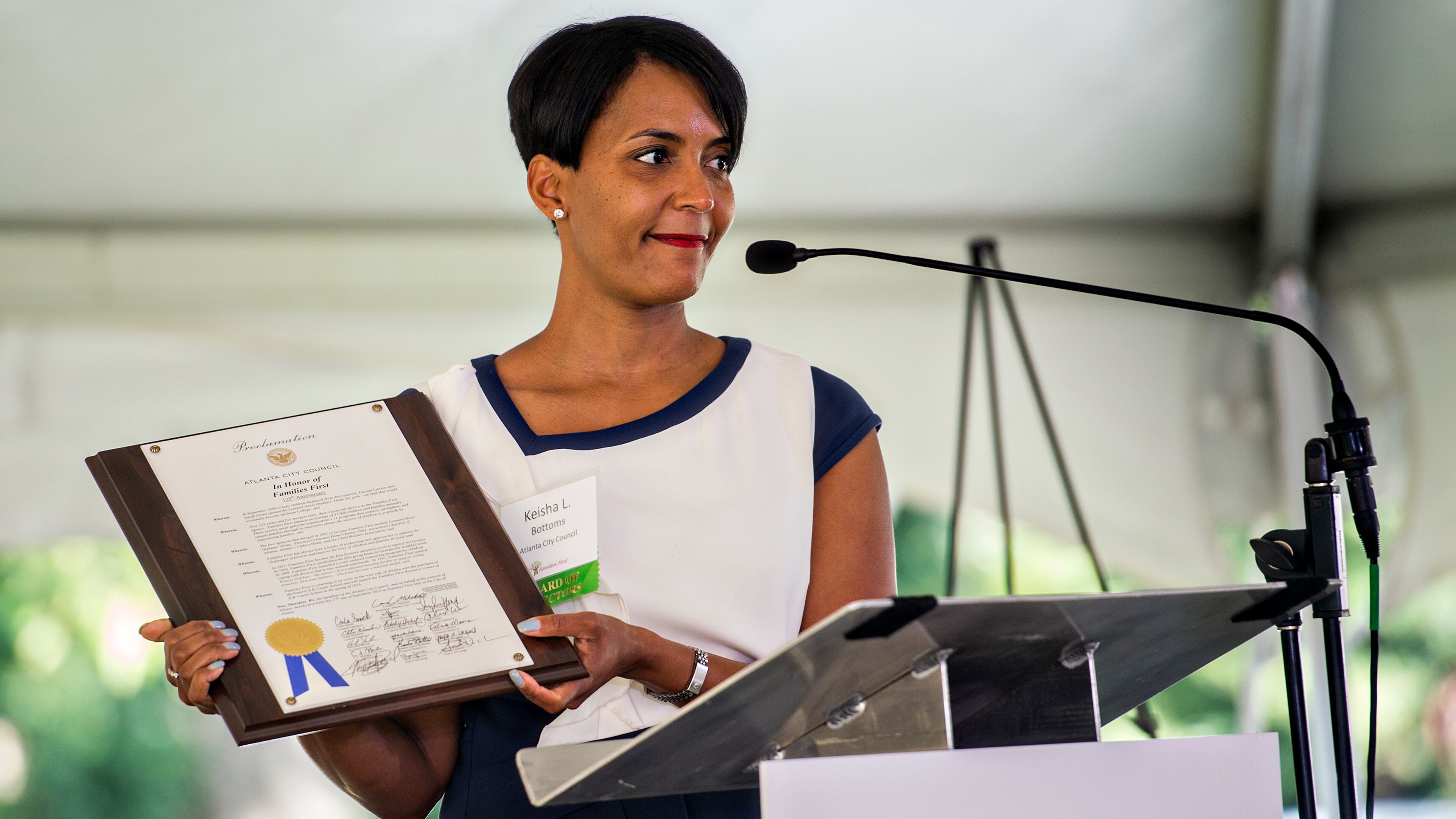 In this September 2015 photo, Atlanta City Councilwoman Keisha Lance Bottoms reads a proclamation during a groundbreaking ceremony for Families First. Bottoms on Tuesday announced plans to run for Atlanta mayor. JONATHAN PHILLIPS / SPECIAL