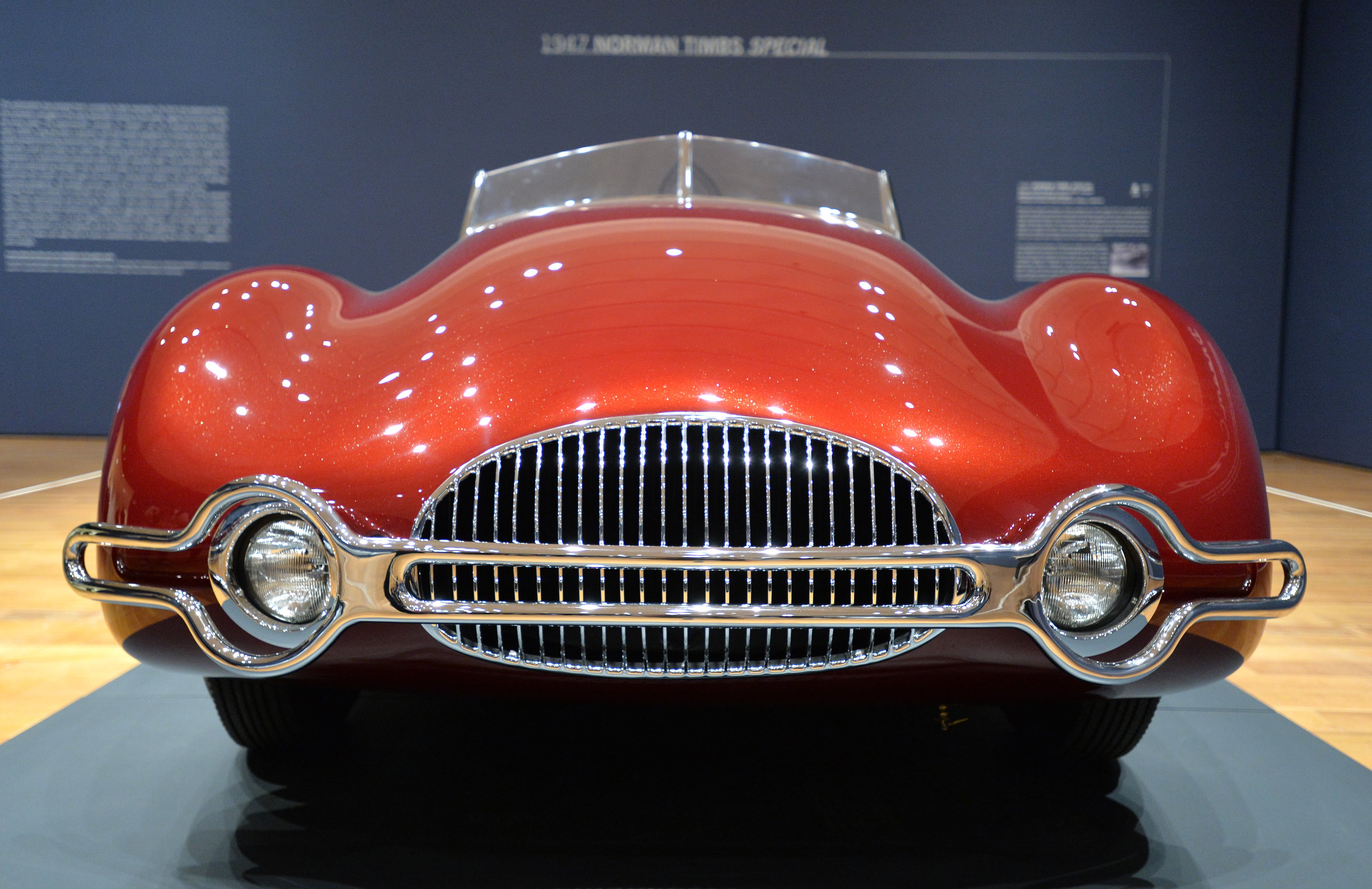 Mechanical engineer Norman Timbs created the Timbs Special for his personal use. A visually arresting automobile that epitomized grace and speed, the car articulated the ideas of streamlining and wind resistance with its elongated, curvilinear forms and seemingly single-piece body. It had no doors and was composed of two hand-formed aluminum shapes. To create this form, Timbs started with drawings, followed by quarter-scale clay models, and then a full-scale body buck (wooden frame) over which the aluminum panels were shaped and then welded together.