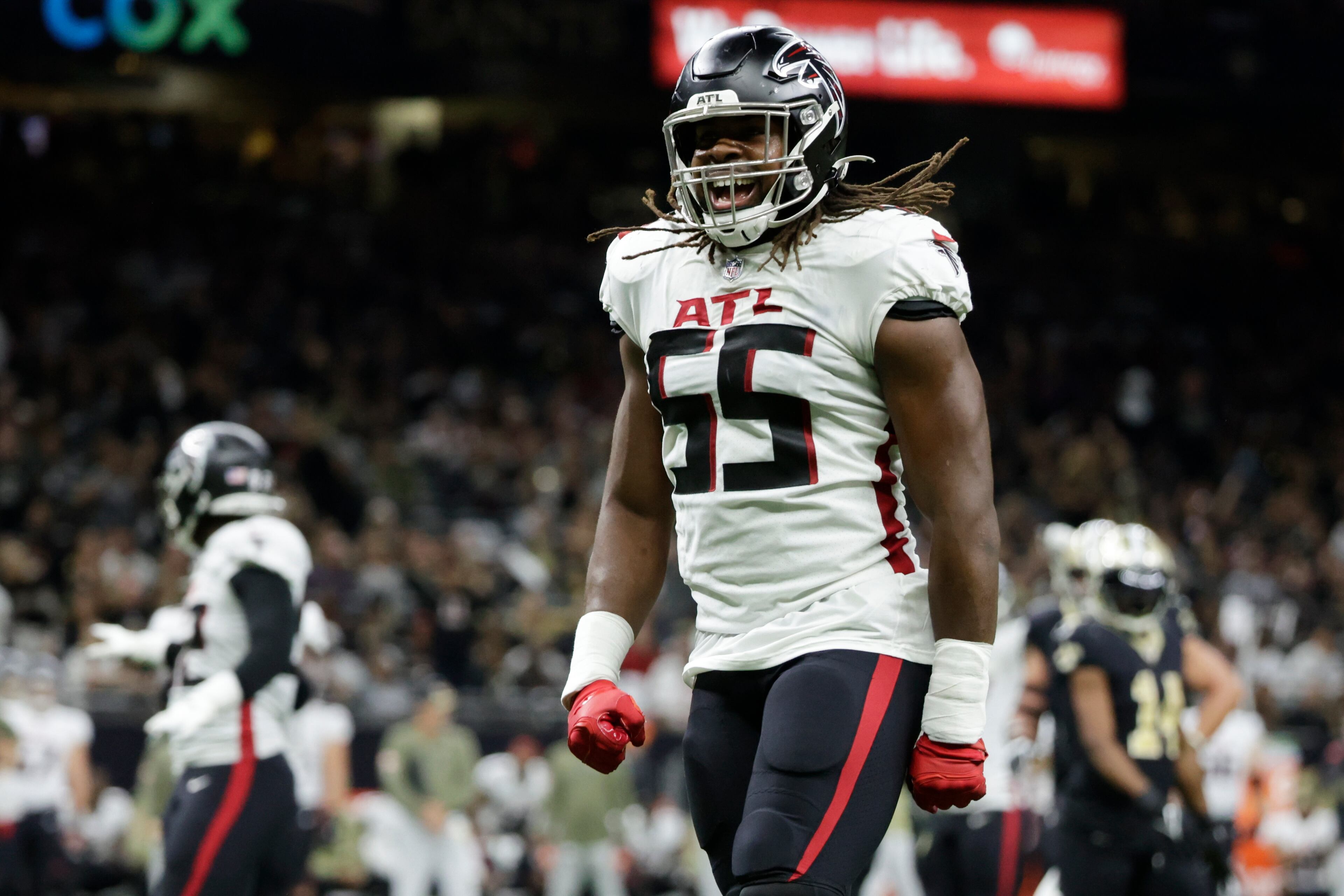 Atlanta Falcons linebacker Steven Means (55) celebrates a defensive stop on the New Orleans Saints during the second half of an NFL football game, Sunday, Nov. 7, 2021, in New Orleans. (AP Photo/Derick Hingle)