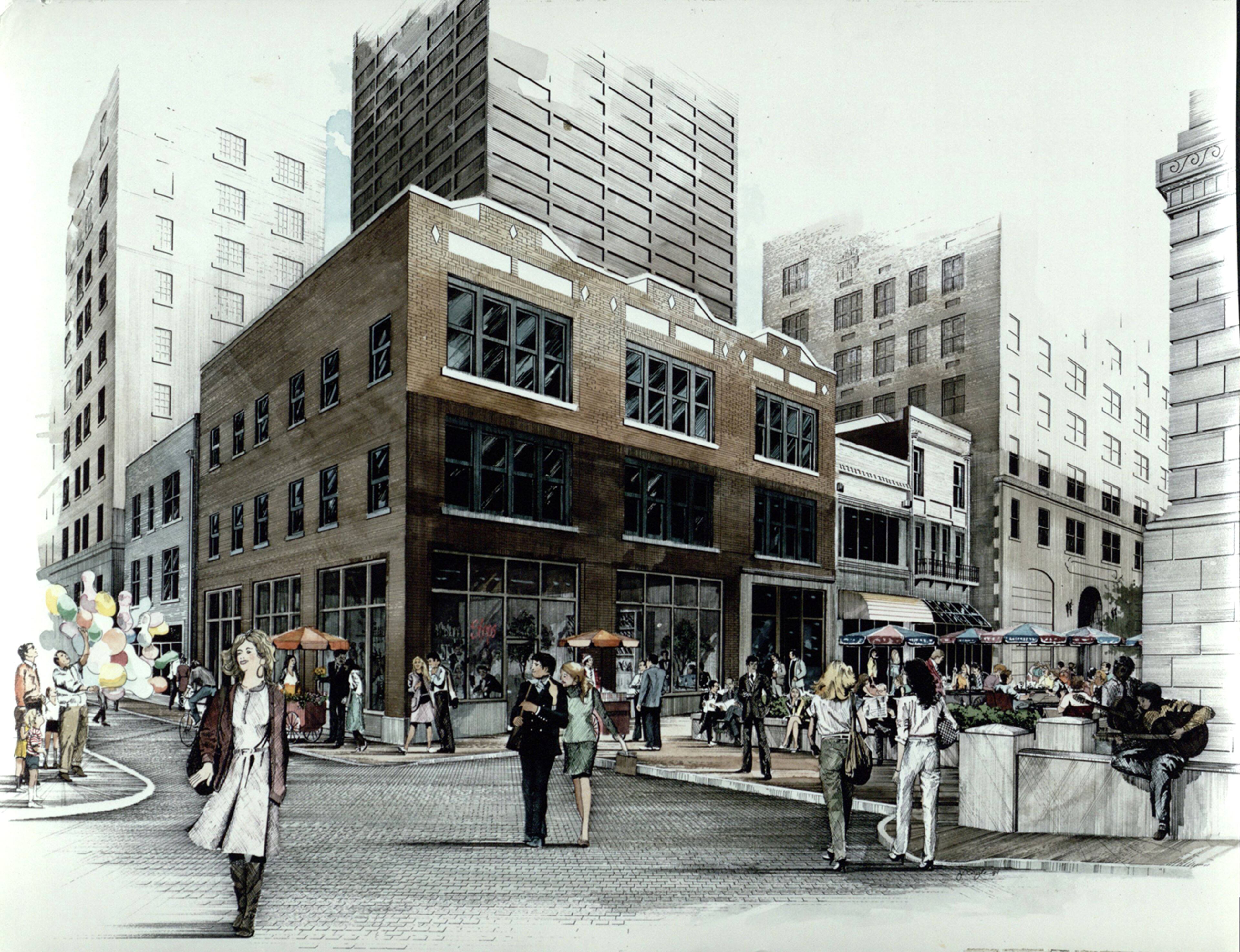 FAIRLIE AND POPLAR STREETS (1983): This rendering shows Poplar Street blocked off as a pedestrian mall, with the U.S. Court of Appeals at the right. The building at center is now home to the Slice Poplar pizza joint. Poplar Street still allows one-way traffic through this block, but security concerns have now kept traffic blocked on Fairlie along the courthouse. (AJCP187-038j, AJC Archive at GSU Library)