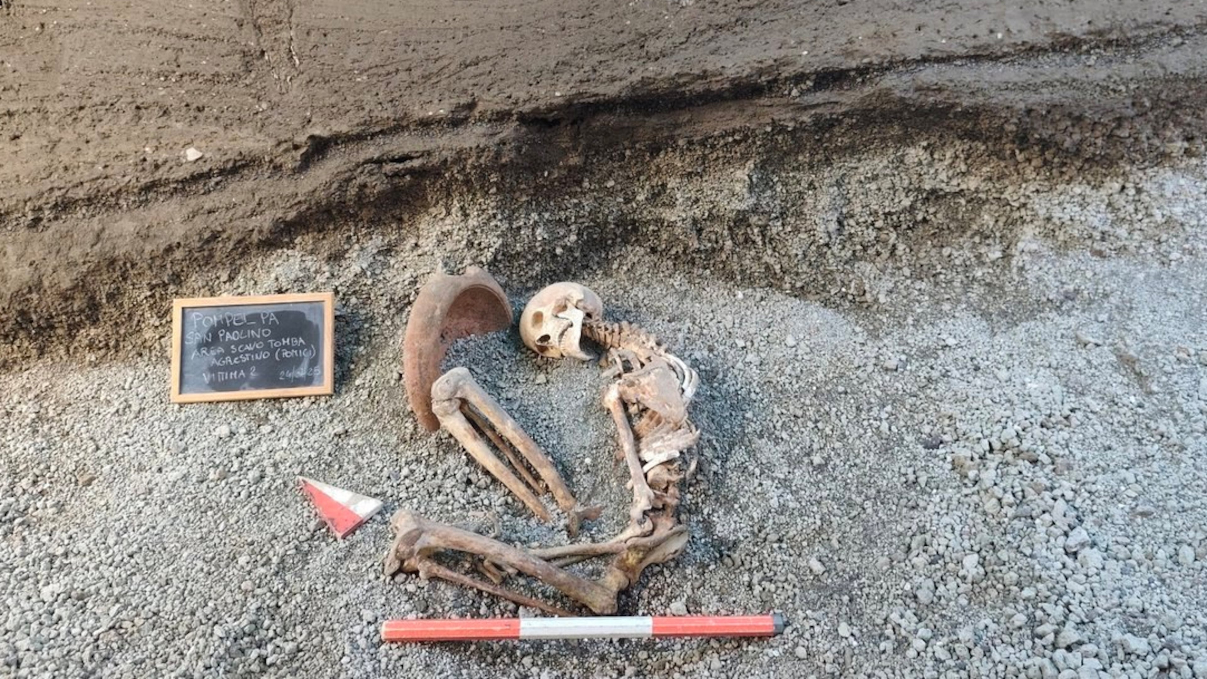 This image released by the Italian Culture Ministry on Monday, April 27, 2026, shows a victim of the AD 79 eruption of Mount Vesuvius, in the Pompeii archaeological area near Naples in southern Italy. (Italian Culture Ministry via AP)