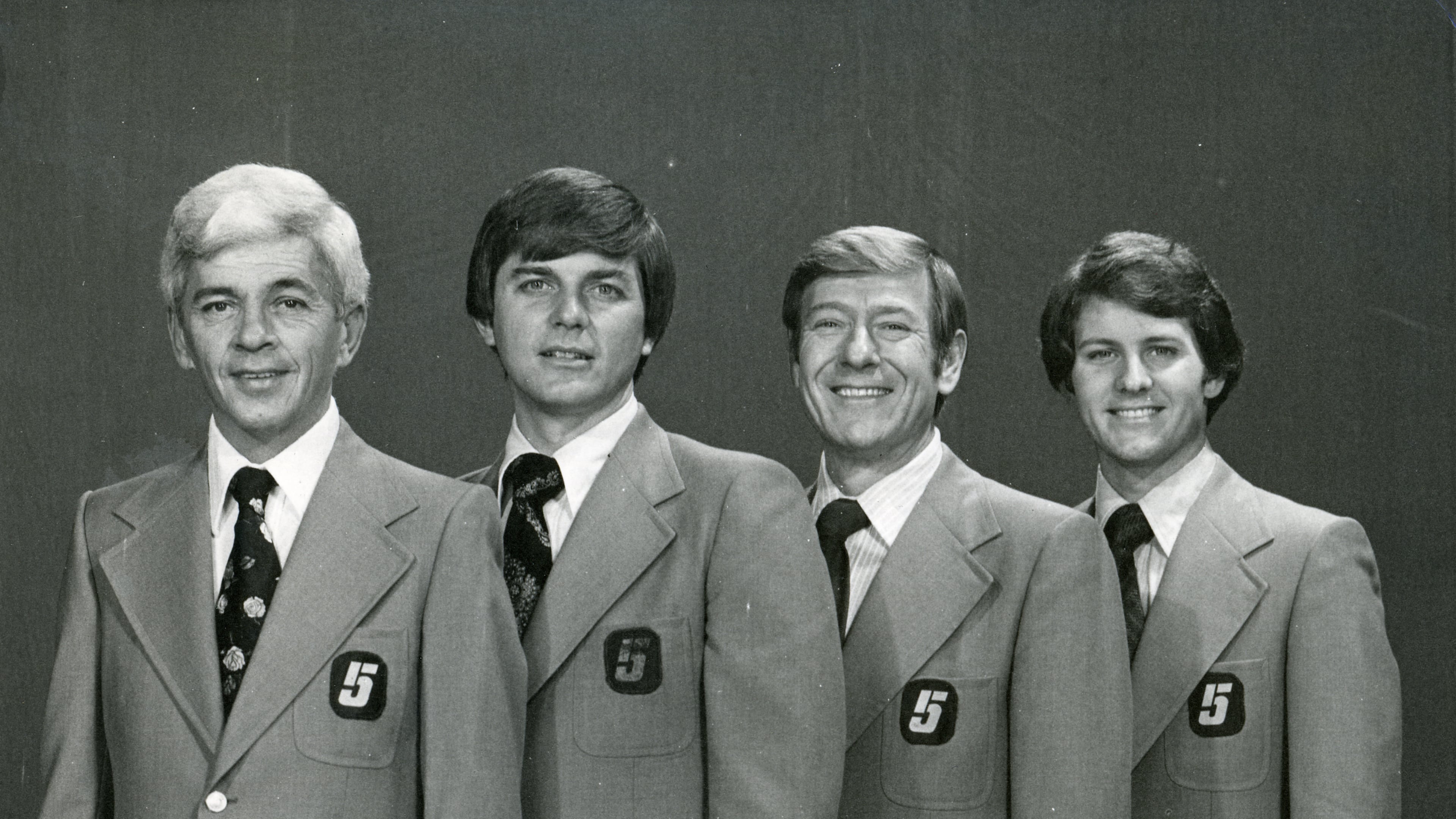 From Left to right; Guy Sharpe, Chuck Moore, Jim Axel, Bill Hartman, Channel 5 WAGA Circa 1977 (AJC File)