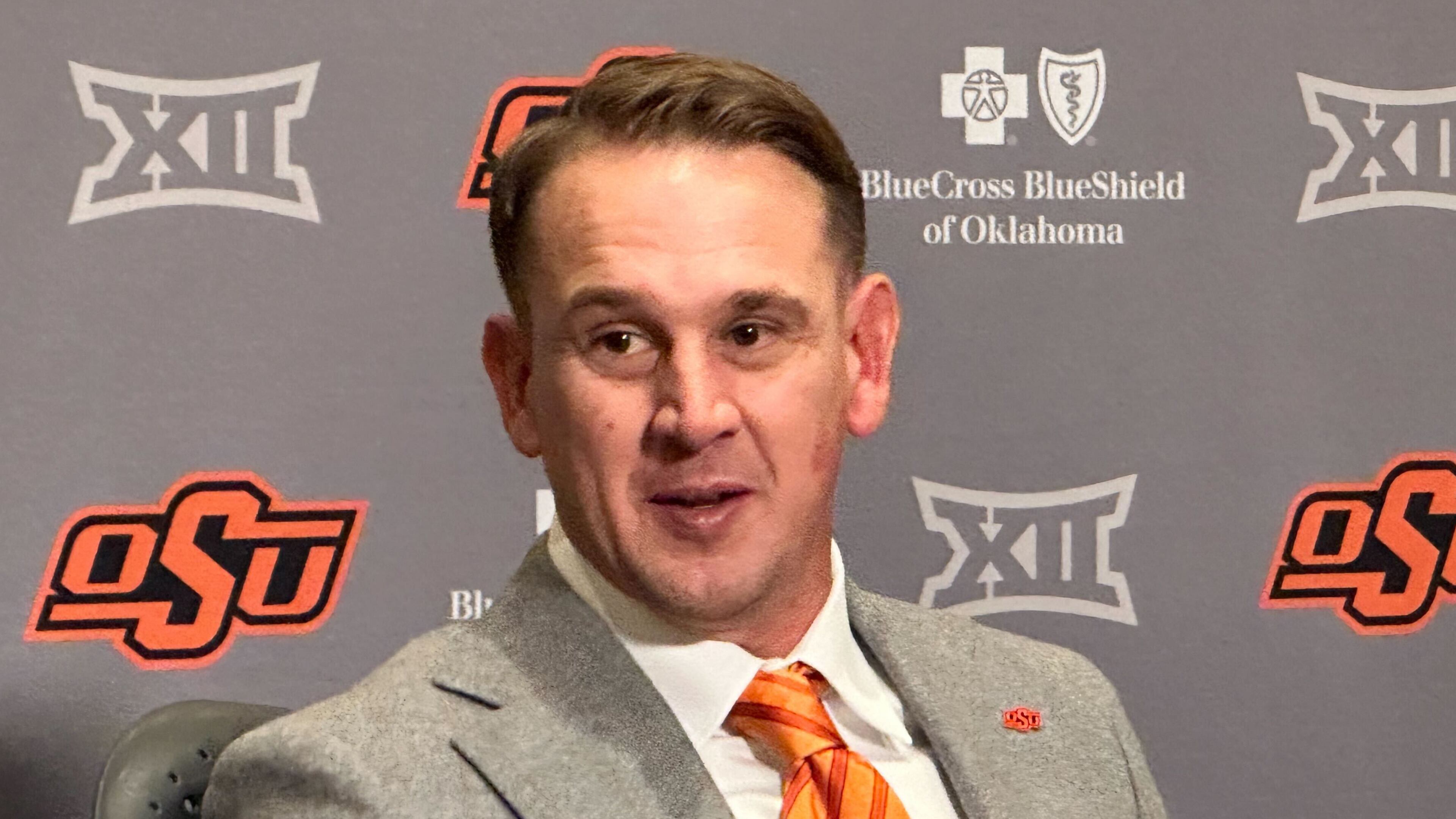 FILE - Eric Morris attends a news conference introducing him as the new head coach of the Oklahoma State NCAA college football team, Dec. 8, 2025 in Stillwater, Okla.(AP Photo/Cliff Brunt, File)