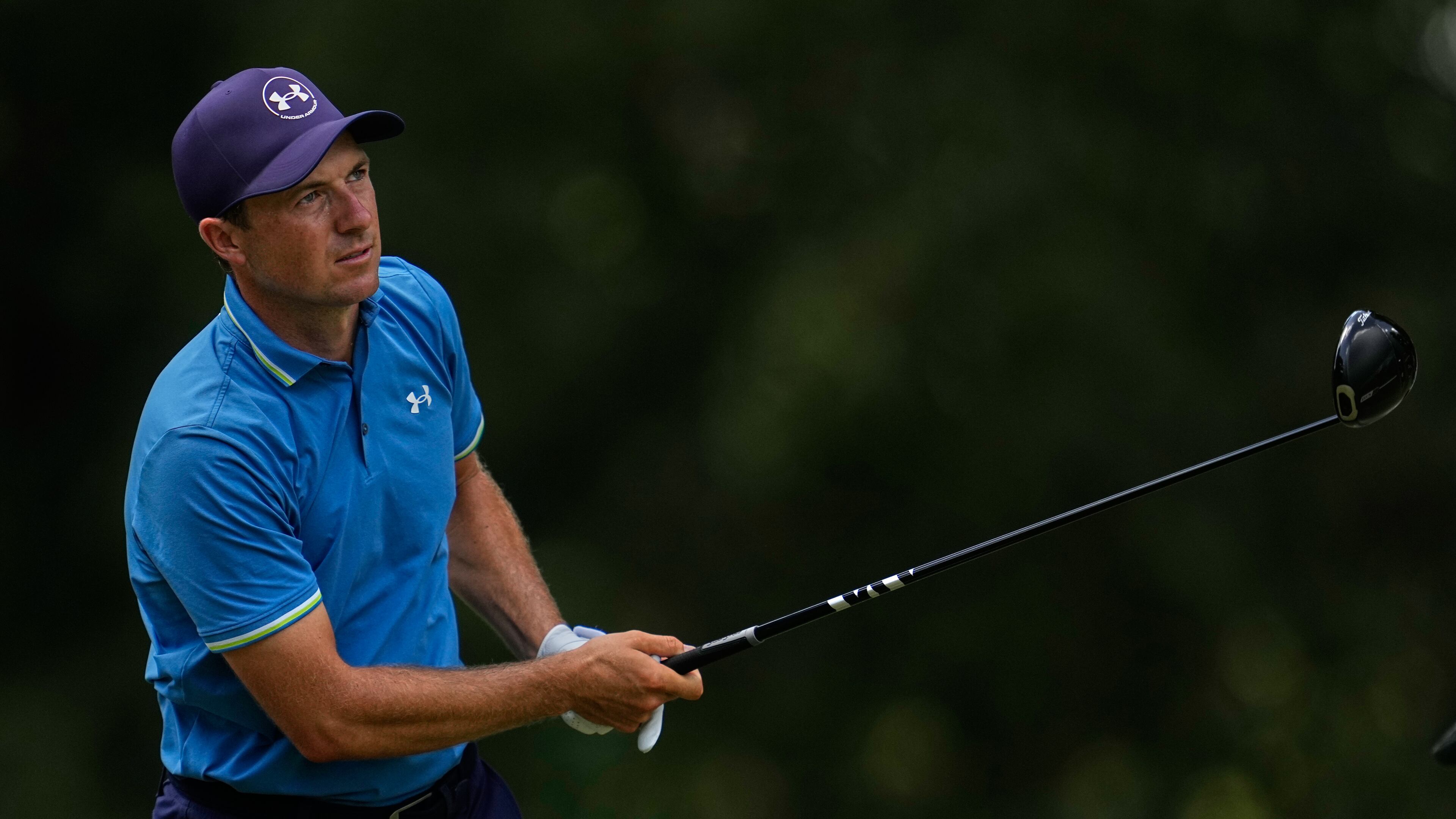 Jordan Spieth watches his tee shot on the seventh hole during the third round of the St. Jude Championship golf tournament Saturday, Aug. 15, 2026, in Memphis, Tenn. (AP Photo/George Walker IV)